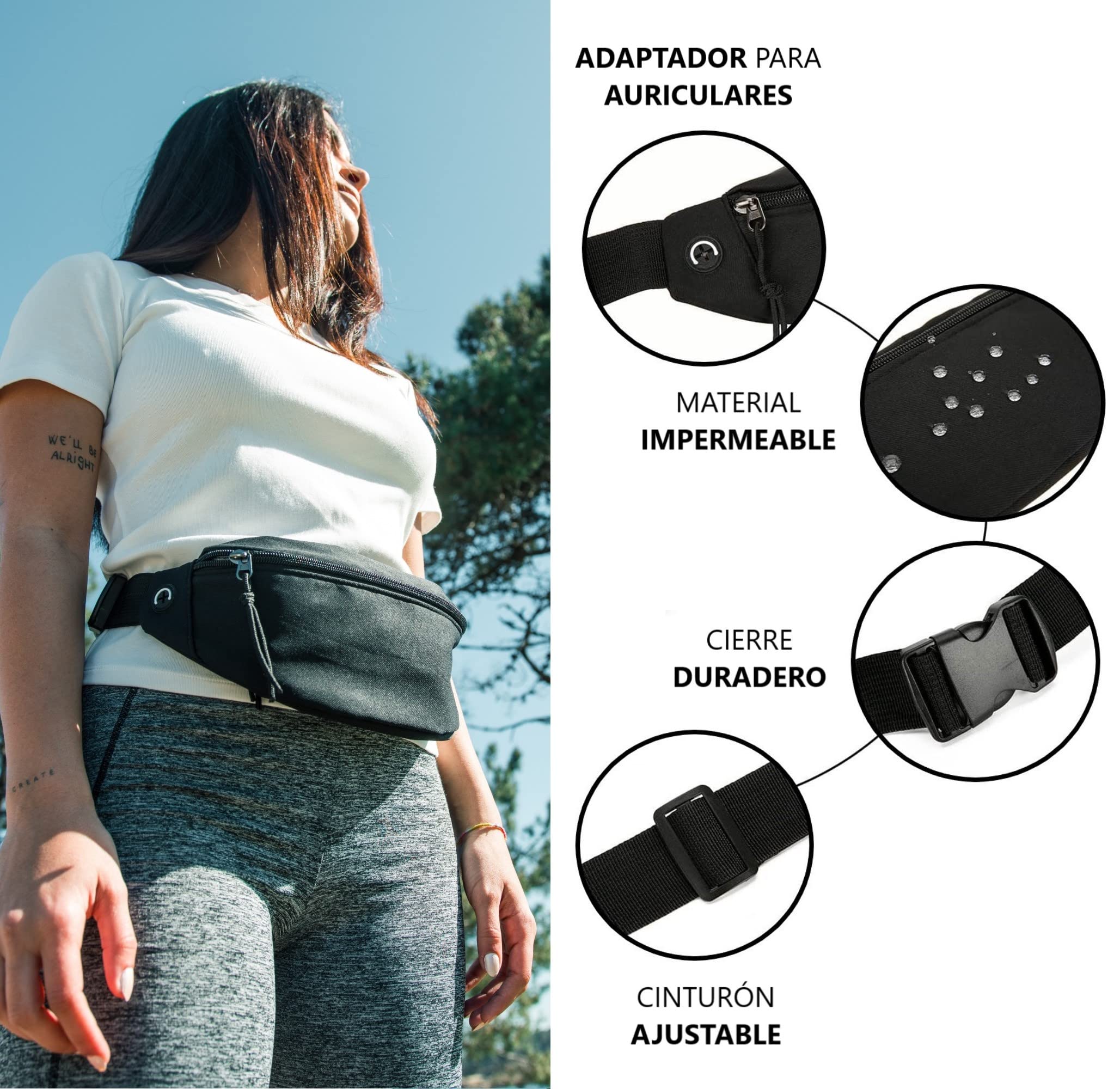 Riñonera Deportiva para Hombre y Mujer de Tela con Cinturón Ajustable para Entrenamiento al Aire Libre, Senderismo, Viaje y Casual, Colgante para Llaves Gratis de Regalo. (Negro)