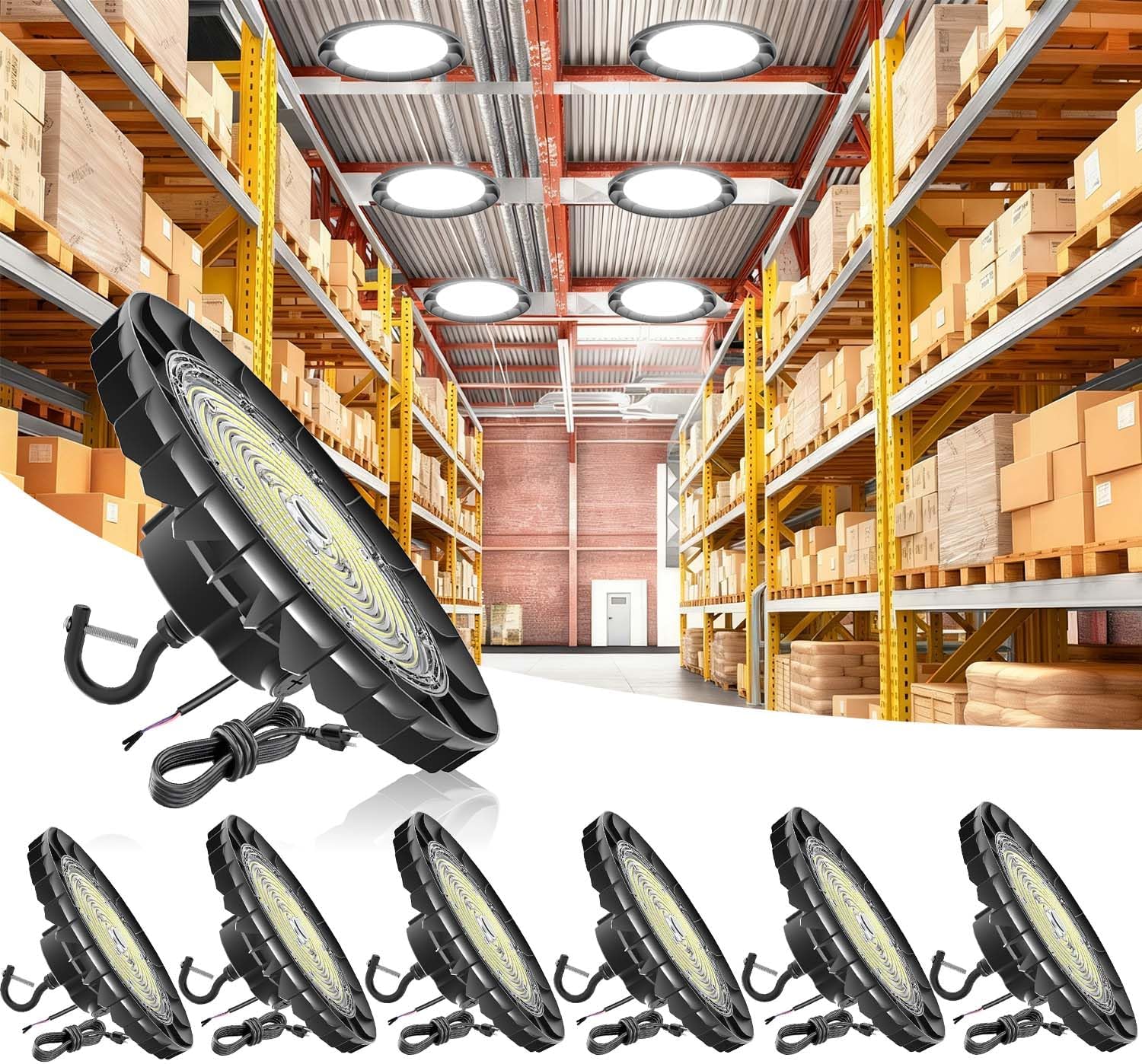 UFO LED High Bay Light 200W 6Pack, Upgraded 160LM/W Flicker-Free, ETL Listed 32,000LM High Bay LED Shop Light for Warehouse Workshop Garage, 0-10V Dimmable, 5-Year Warranty