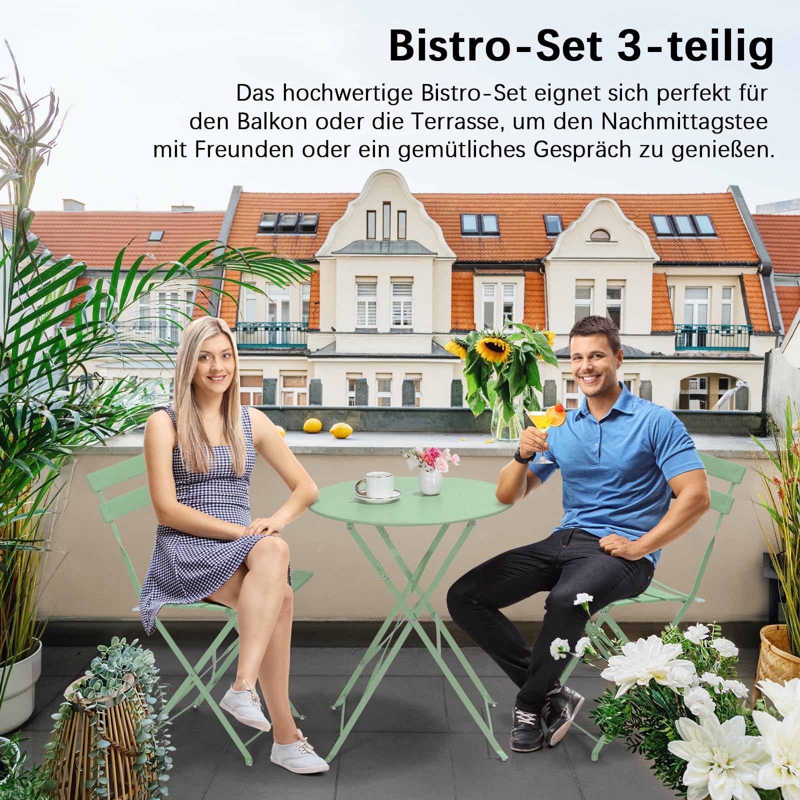LIFERUN Gartenmöbel Bistro Set Metall, Bistro Set Klappbar 3 Teilig, Balkonset 2 Klappstuhl 1 Klapptisch, Balkonmöbel Klappbar, Wetterfest, Sitzgarnitur, Balkonmöbel Set für Balkon und Garten, Grün