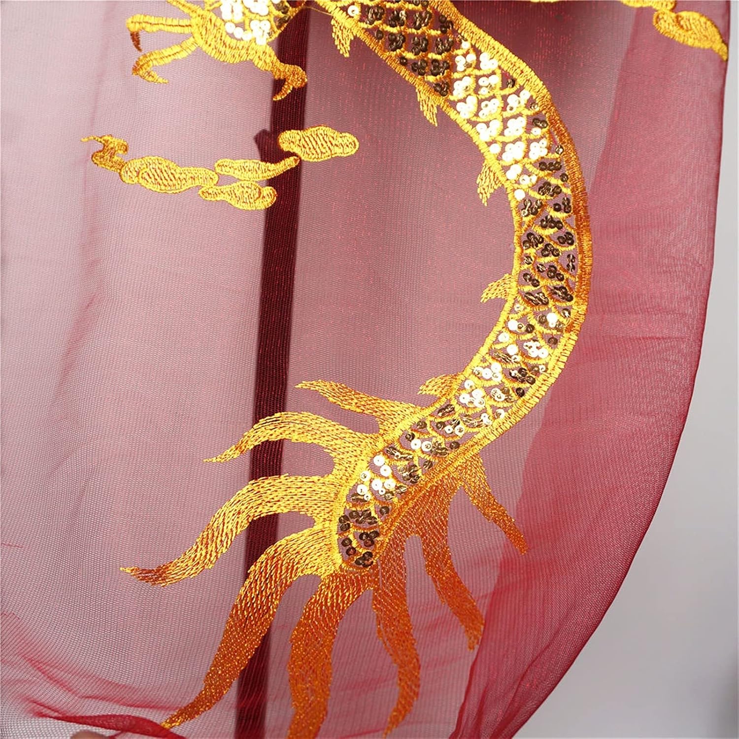 YUNSI Decorative Patches Gold Sequins Chinese Dragon Red Mesh Embroidered Wedding Gown Appliques Lace Trims Sew On Patch for Dress DIY Decoration