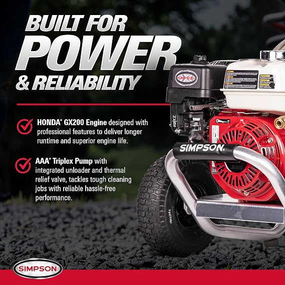 Simpson 3600 PSI Gas Pressure Washer, 2.5 GPM Commercial Power Washer, Cold Water, Honda GX200 Engine, 35' Hose, Aluminum Series, 49-State Compliant (ALH3425)