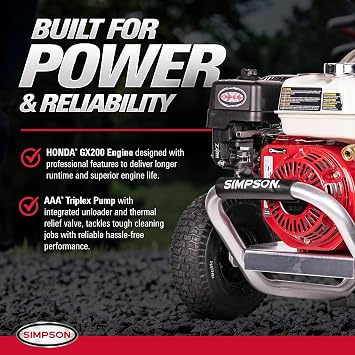 Simpson 3600 PSI Gas Pressure Washer, 2.5 GPM Commercial Power Washer, Cold Water, Honda GX200 Engine, 35' Hose, Aluminum Series, 49-State Compliant (ALH3425)