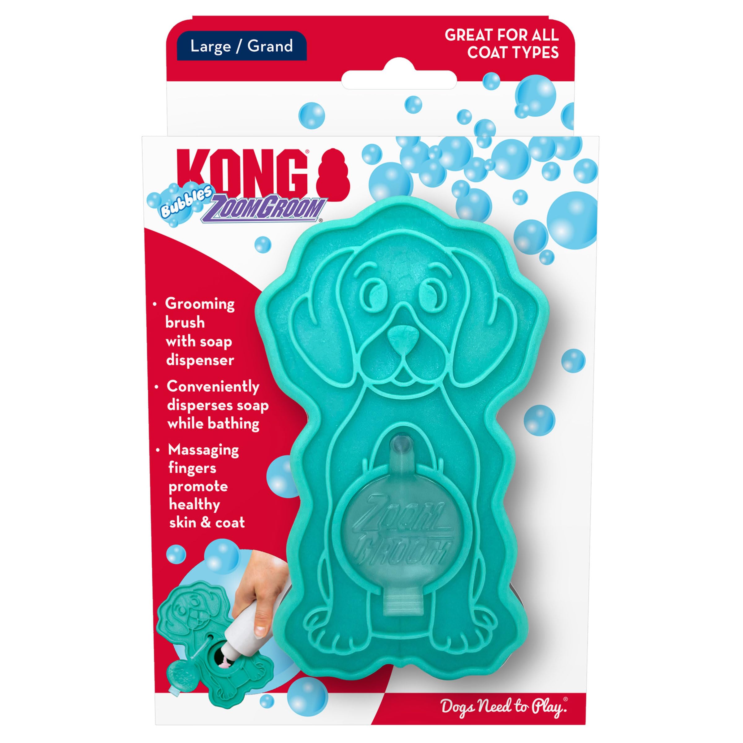 KONG ZoomGroom Bubbles - Cepillo dispensador de jabón, masaje y gooming para perros, elimina caída del cabello, compatible con todos los tipos de pelaje