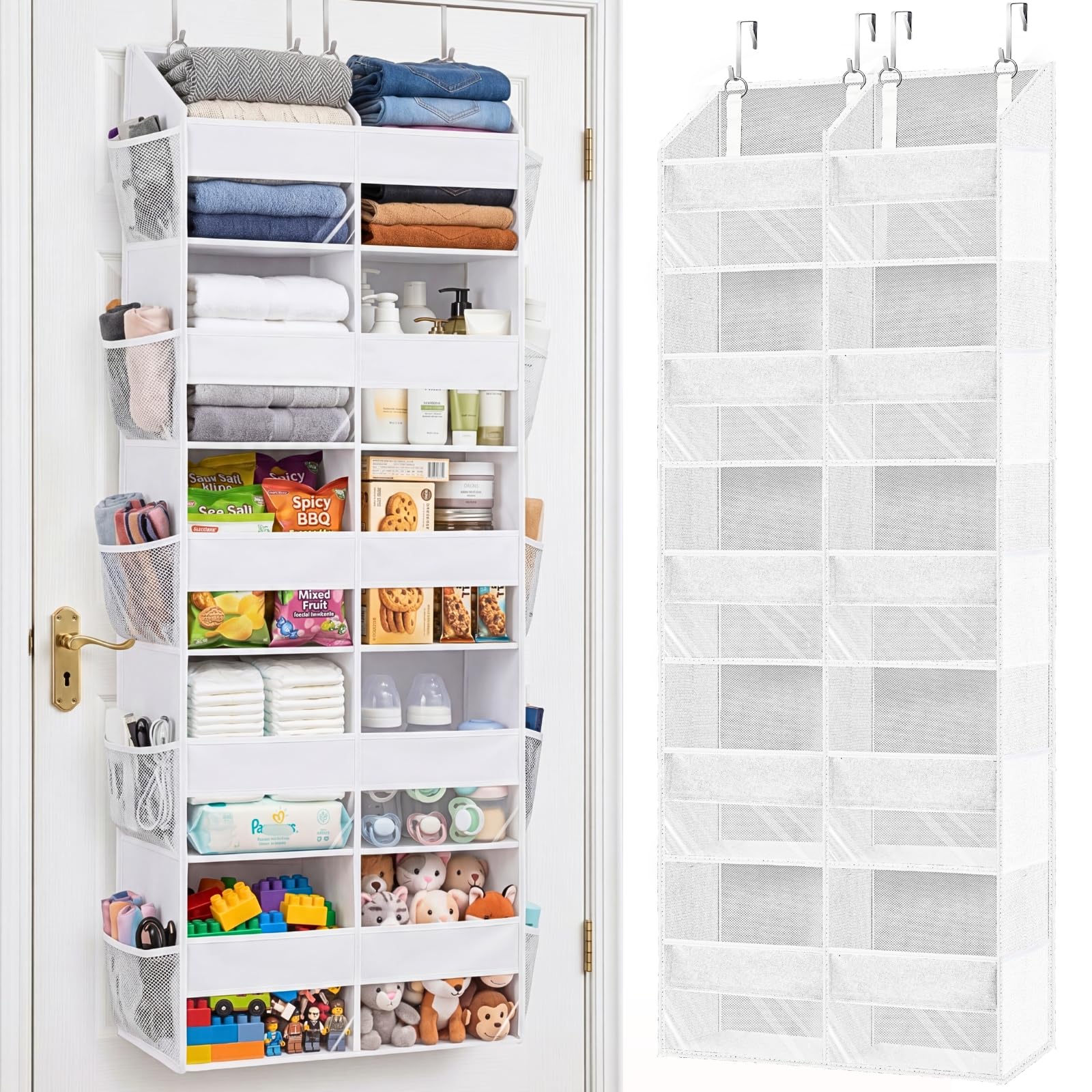 Ofiray-home Over the Door Organiser with 5 Tiers and 10 Compartments, Extra Large Hanging Door Storage with 4 Hooks, 36kg Weight Capacity, Bedroom Wardrobe or Nursery Nappy & Toy Storage – White