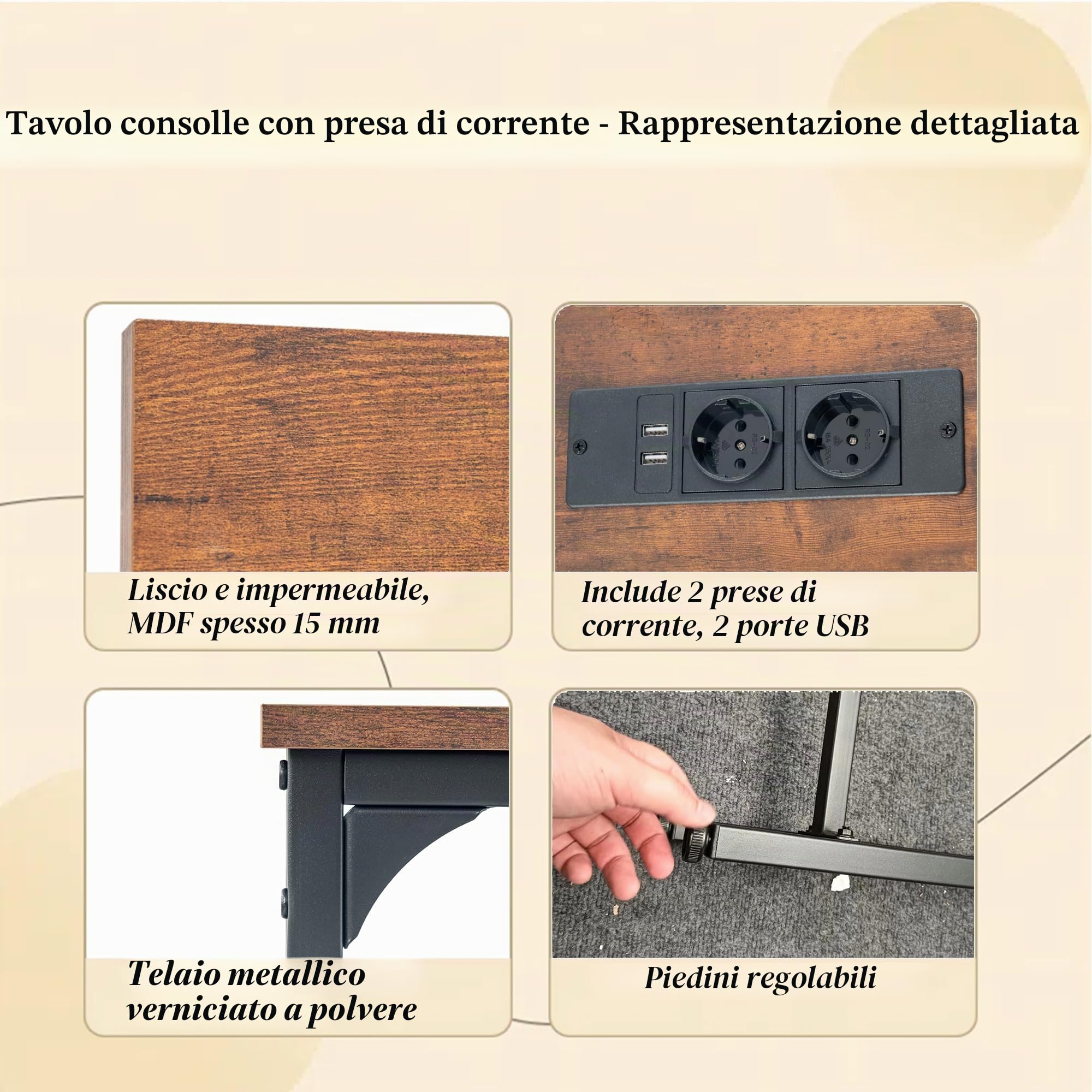1 Pezzo Tavolo Consolle per Ingresso Larghezza 180 cm con Presa di Corrente, Profondità 20 cm Tavolino Laterale per Corridoio/Ingresso/Veranda/Balcone/Soggiorno, Marrone e Nero/180x20x80 cm