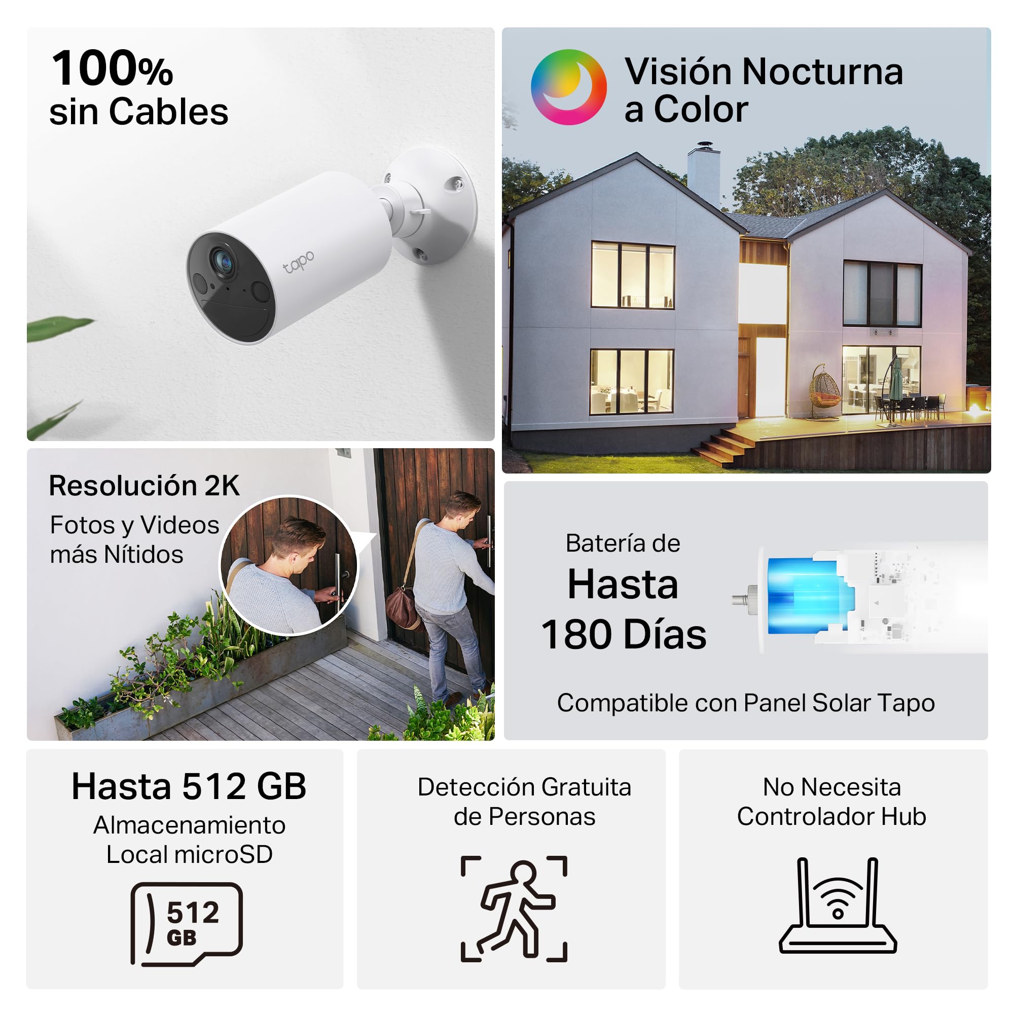 Tapo C410 - Cámara de Vigilancia WiFi Exterior, Batería 6400mAh, 2K 3MP | Detección de Movimiento y Personas. Batería hasta 180 Días. Visión Nocturna a Color. Alarma Luz y Sonido. Admite MicroSD.