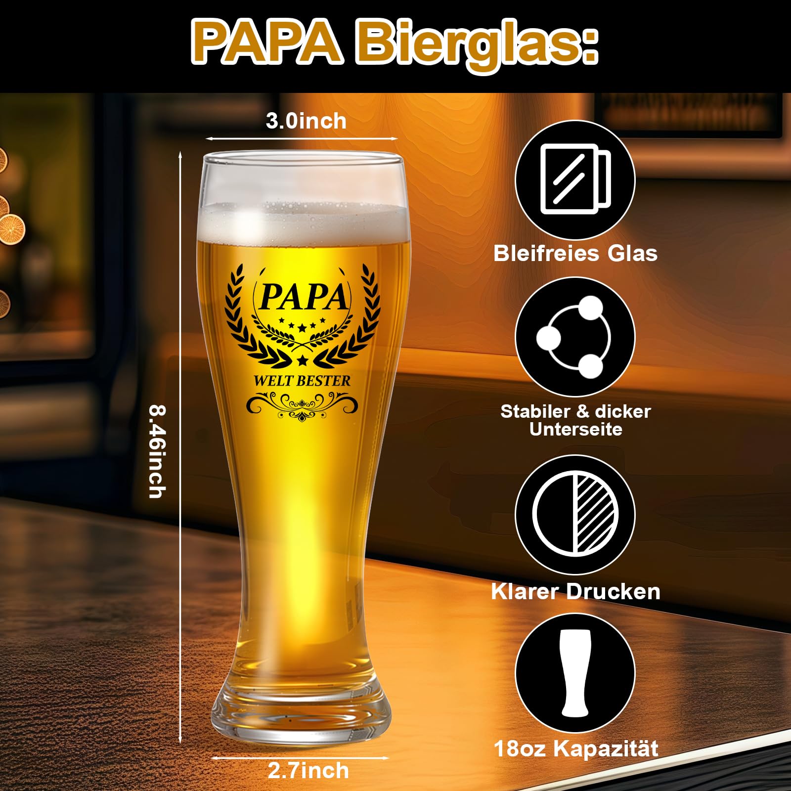 Papa Geschenk Personalisierte Bierglas Geburtstagsgeschenk für Papa 18oz Bierglas Deko Glas Männer Geschenk