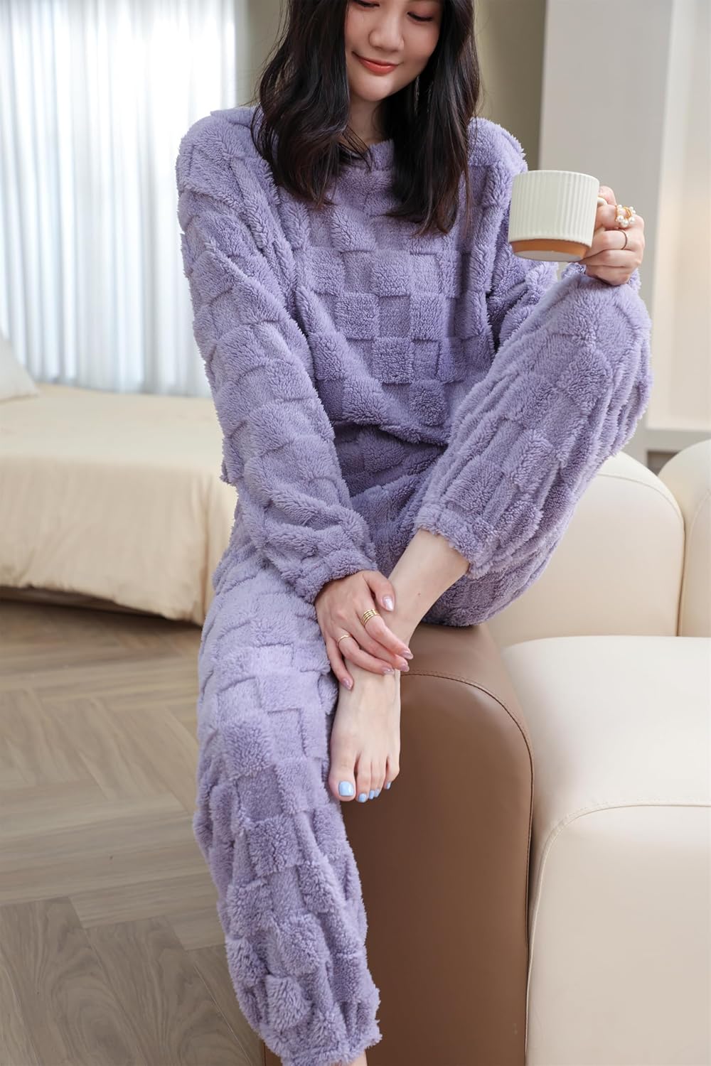 Women's Fluffy Pajamas Set Soft Comfy Fleece Pj Set 2 Piece Loungewear Winter Warm Sleepwear - Image 5