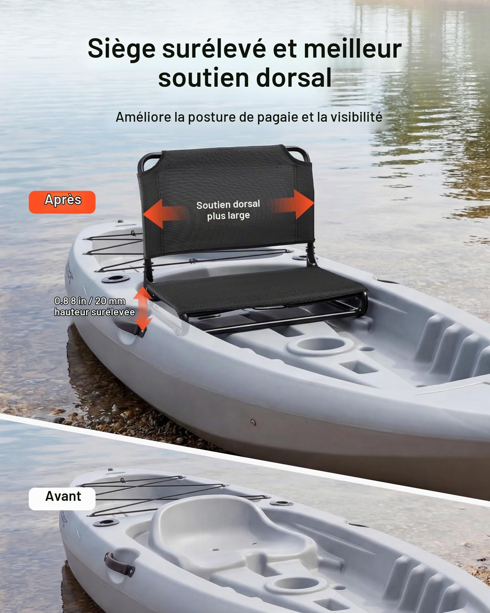 VEVOR Siège de Kayak Pliable avec Dossier, Dosseret SUP Pliable, Cadre en Alliage d'Aluminium et Tissu Oxford 600D, pour Paddle, Planche à Pagaie, Canoë Gonflable, Pêche, Kayak de Loisirs, Noir
