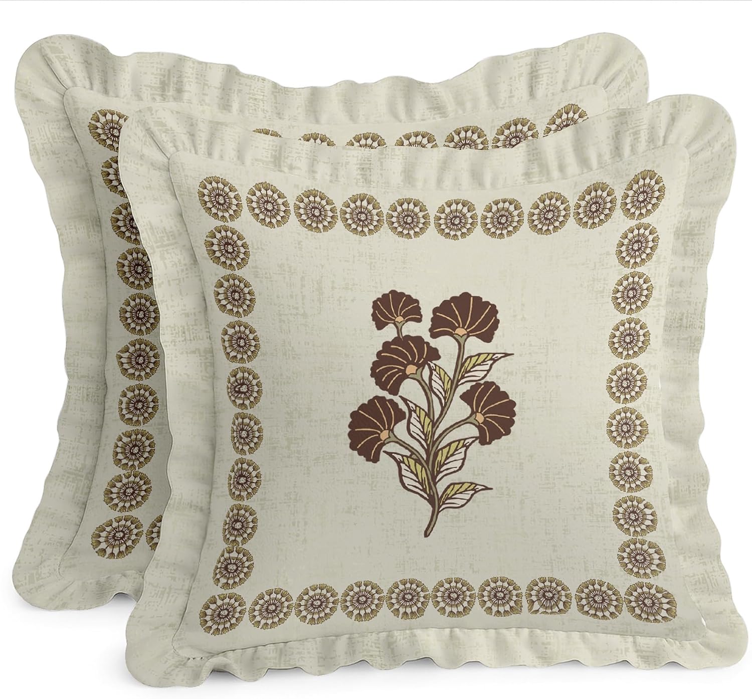 Premium Cotton Frill Cushion Covers Set of 2, 16x16 Inches, Double Printed, Floral Design, Durable Twill Fabric, Farmhouse Look, No Fillers