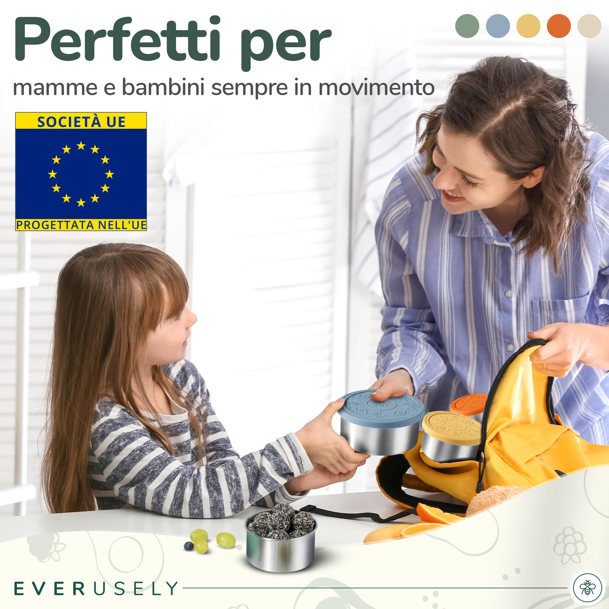 Everusely - Porta pranzo in acciaio inox con coperchi ermetici - Set da 5, collezione Muted - Porta pranzo ermetico - Contenitori per alimenti impilabili
