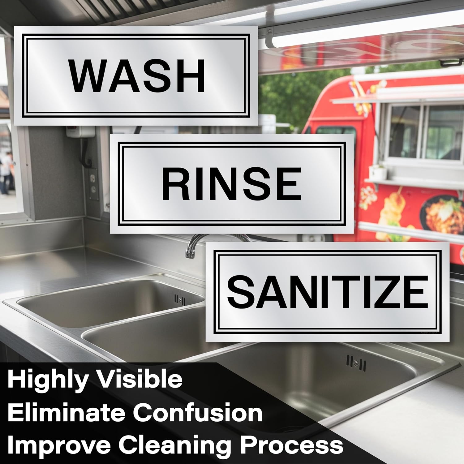 Metallic Wash Rinse Sanitize Sink Labels for 3 Compartment Sinks, Made USA image 4