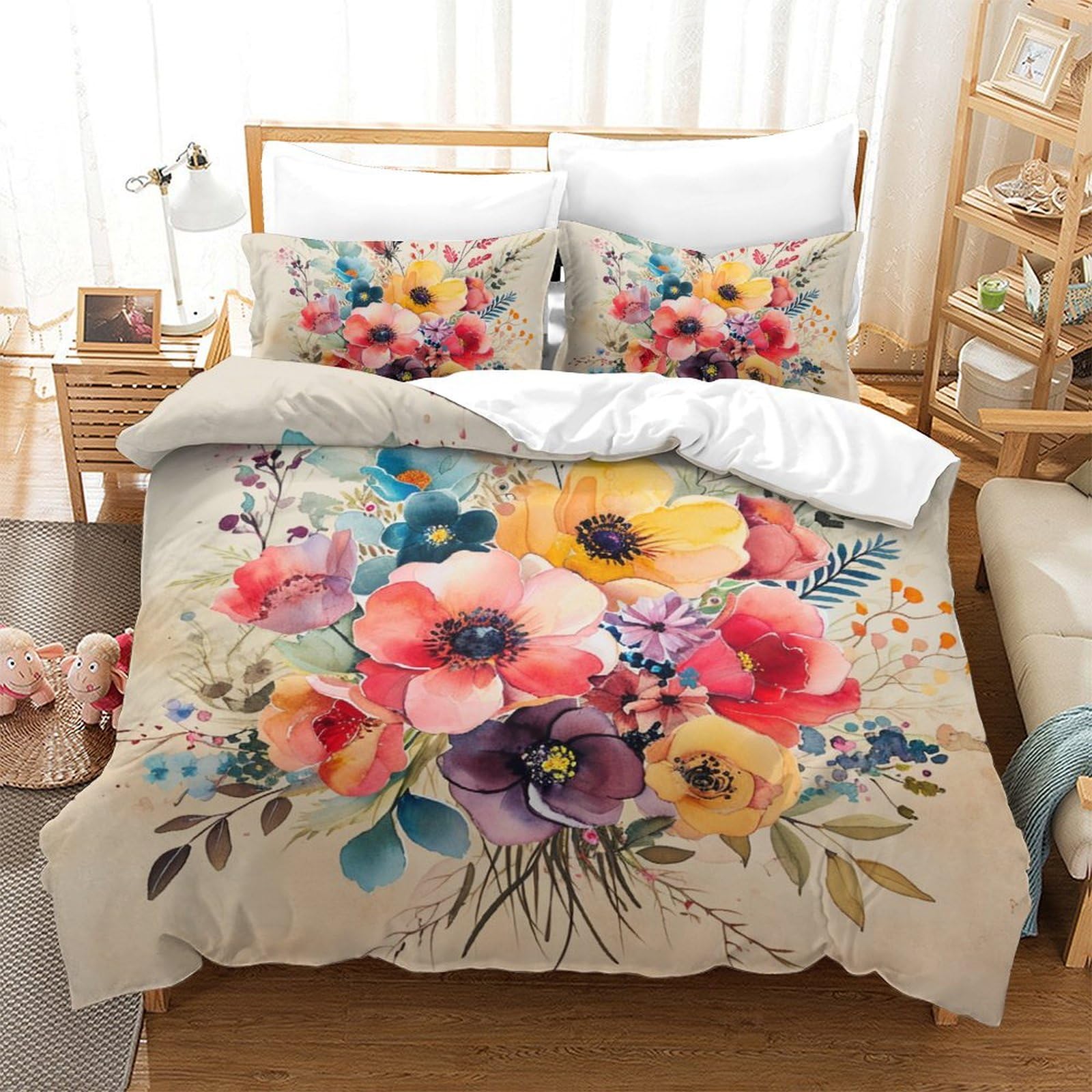 Housse de couette fleurs 3D 200x200 literie microfibre double 3 pièces