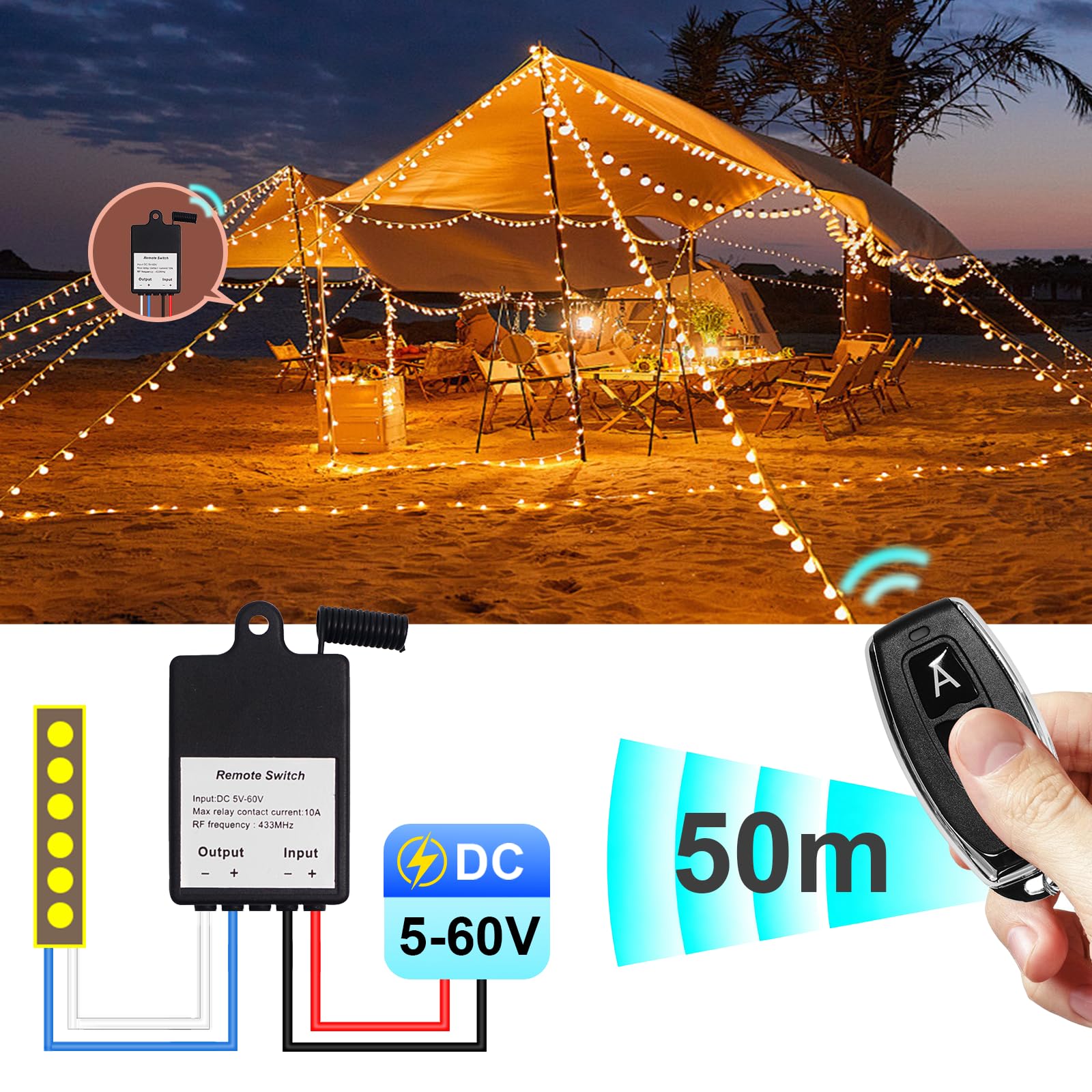 QIACHIP Interrupteur sans fil 433 MHz 1CH 5 V 6 V 12 V 24 V avec télécommande, 5-60 V CC 10 A Mini relais sans fil 328 FT pour ventilateur, moteur, éclairage (4 relais)