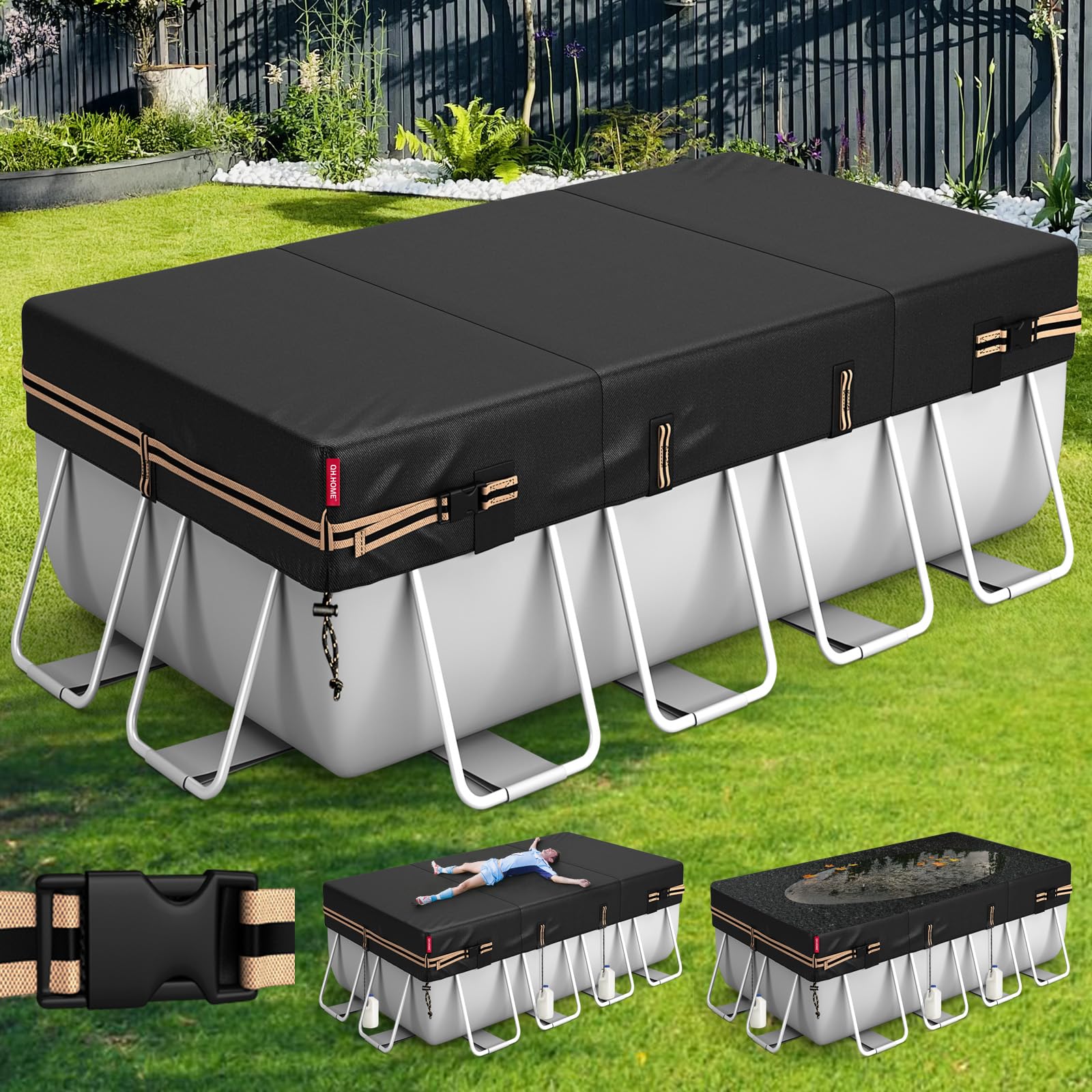 QH.HOME Rectangular Pool Cover for 12x24 Ft Bestway/Intex/Coleman Frame Rectangular Pool, [Excellent Windproof ] with Adjustable Buckle Straps & Weight-Bearing Rings,Cold and UV Resistant-image-19