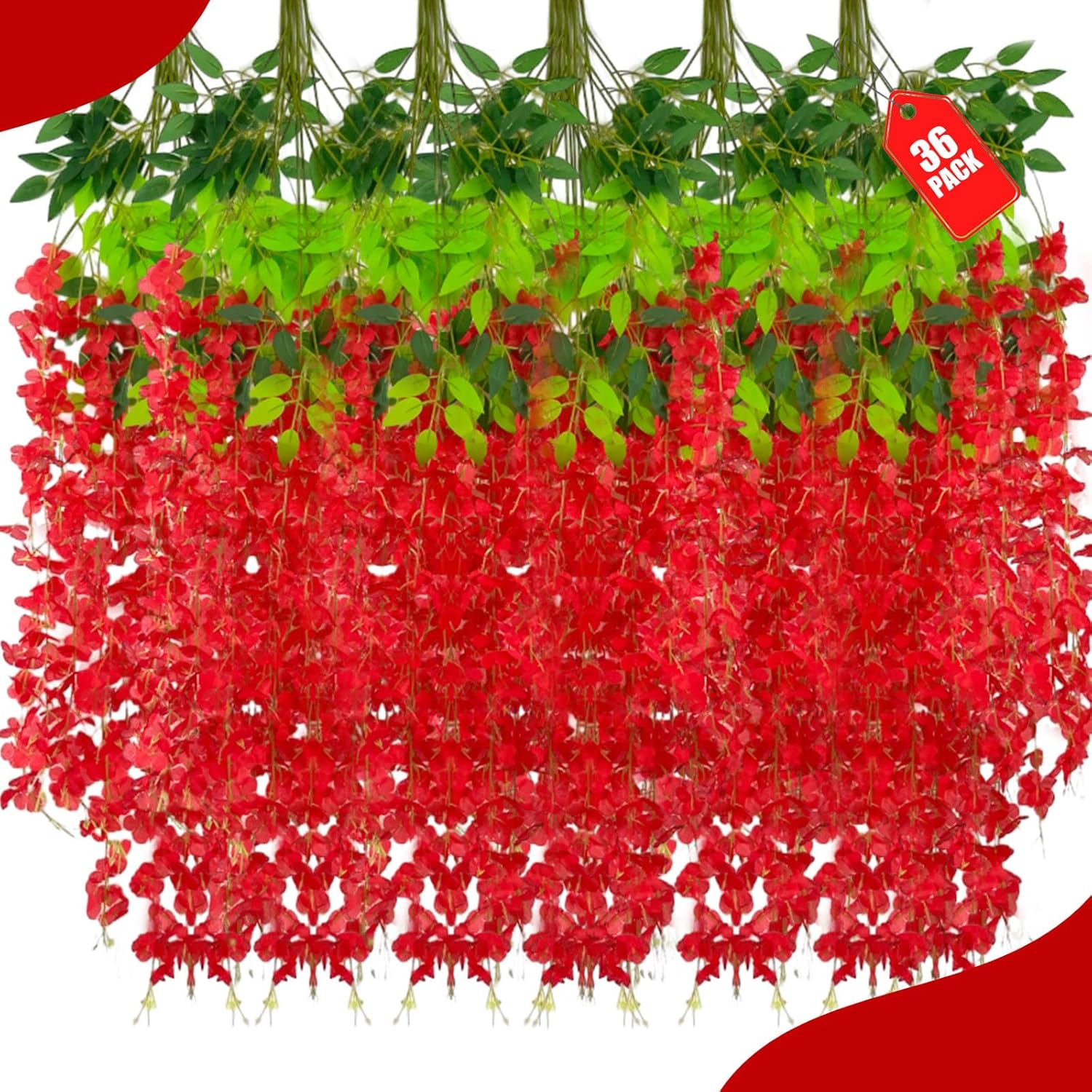 36 Pack Red Wisteria Hanging Flowers, 3.44 Ft Fake Hanging Flowers, Artificial Wisteria Garland Vines for Wedding Room Backdrop Outdoor Patio Garden Valentine's Decoration