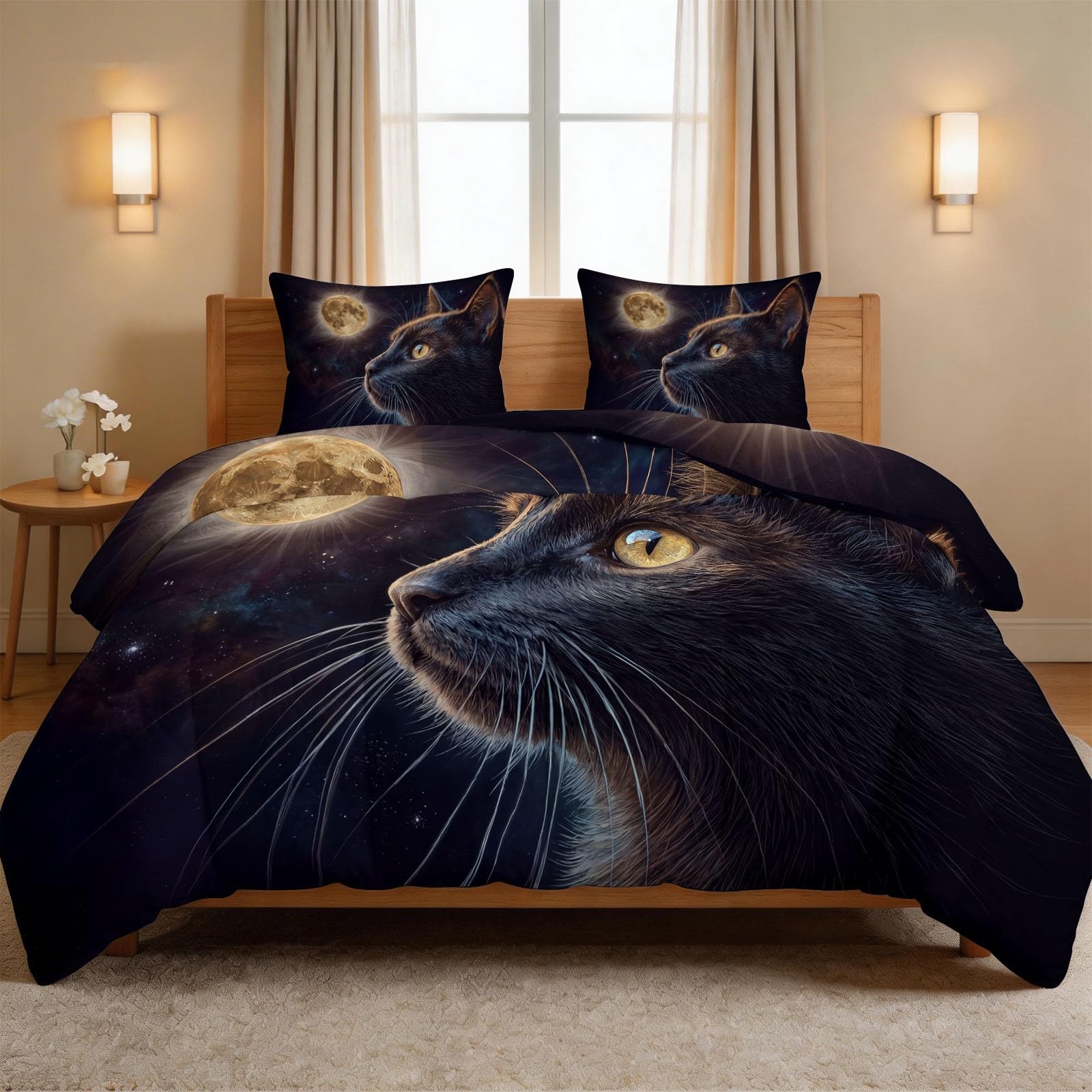 Couette 4 saisons 200x200 cm édredon imprimé chat lune fantastique