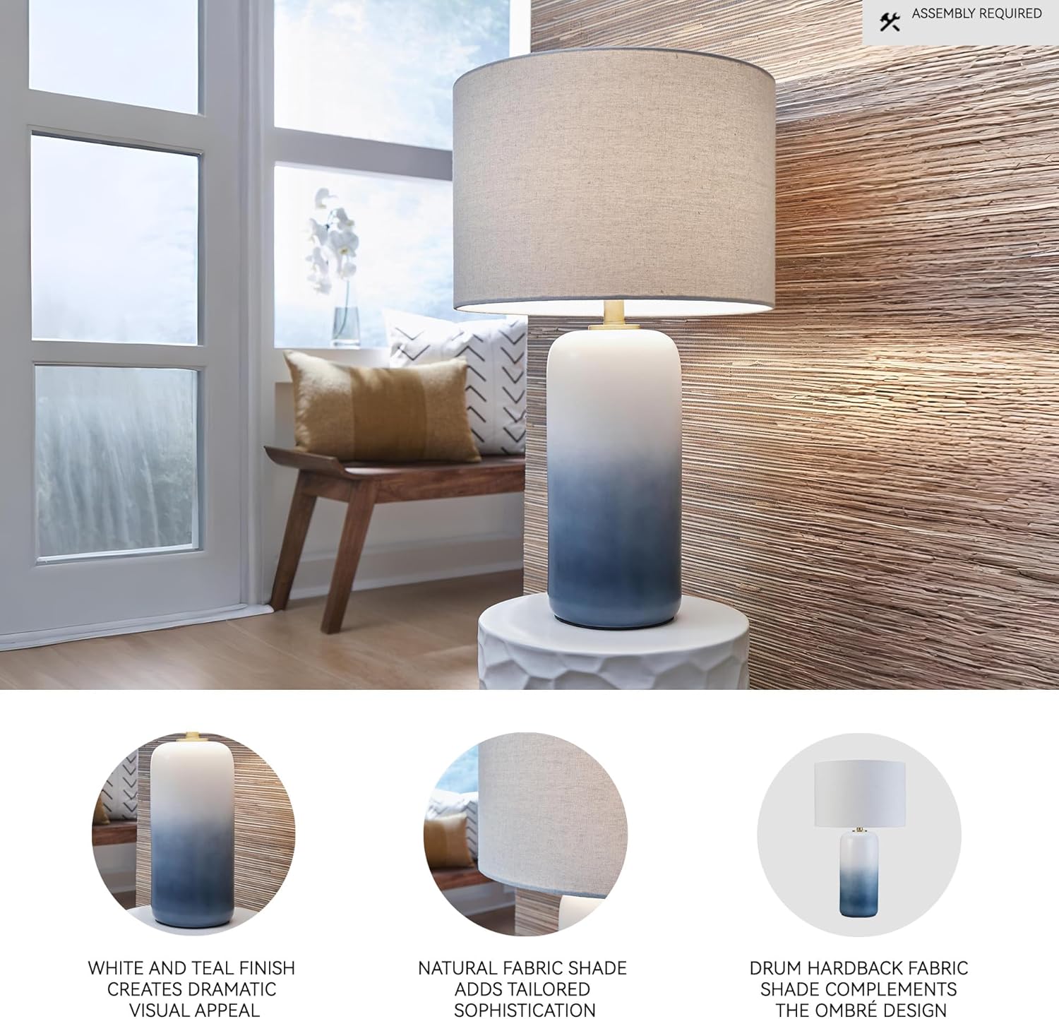 Signature Design by Ashley Lemrich Coastal 25.25" Ceramic Table Lamp, 3-Way Switch, UL Listed, Fabric Drum Shade, Use 100 Watt Lightbulb (Not Included), White and Blue (Teal) Ombre Effect