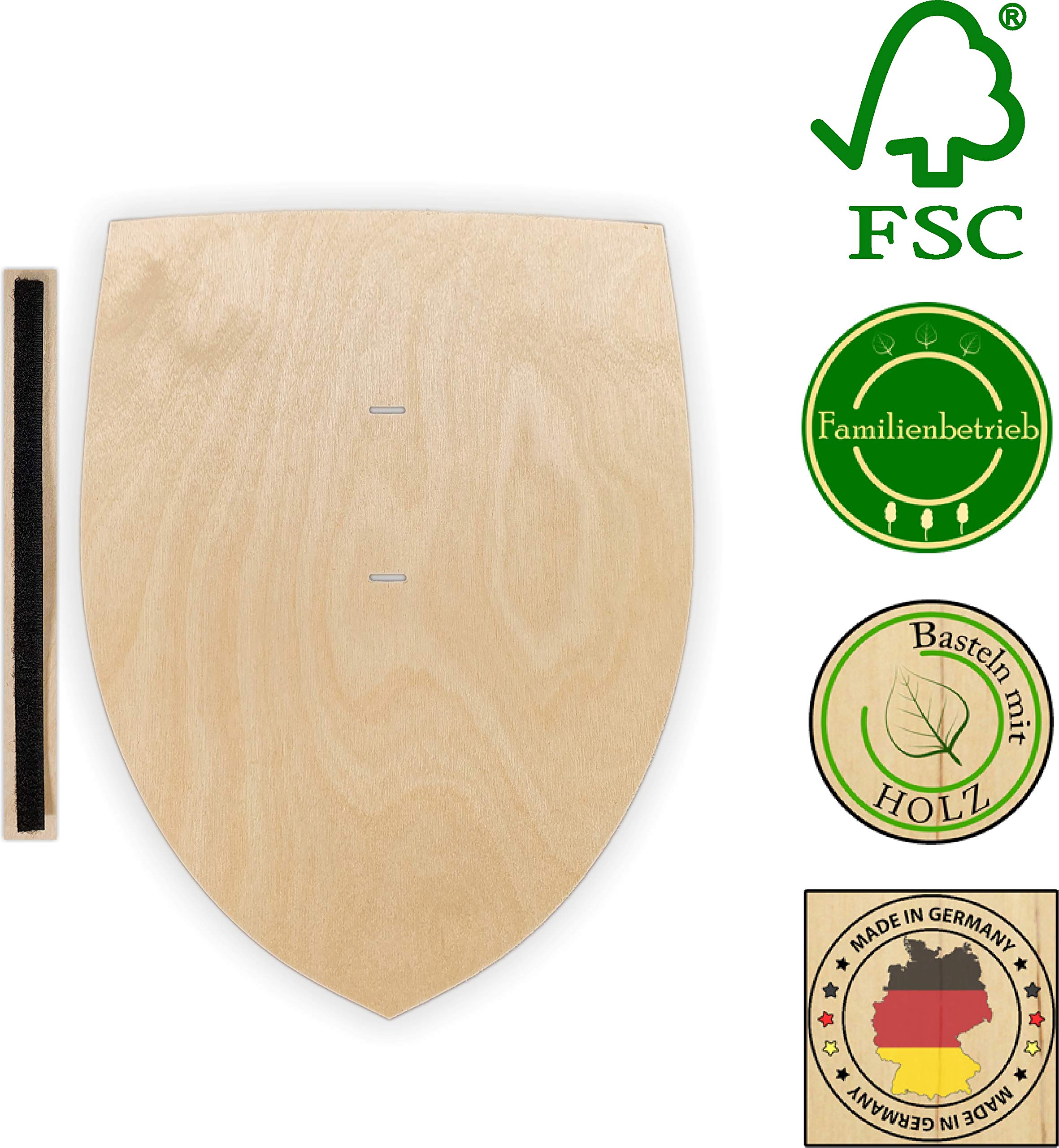 Herr Bo & Co 10x Ritterschild aus unbehandeltem 3mm Birkensperrholz, inkl. Halteschlaufe aus hochwertigem doppelseitigem Klettband, FSC-Zertifiziert, Made in Germany
