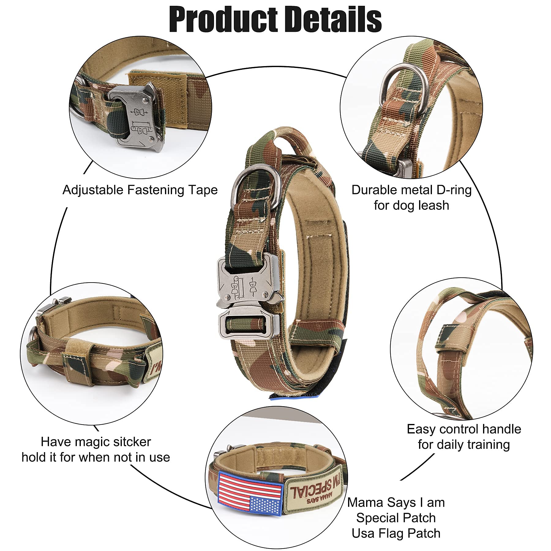 Tactical Dog Collar - KCUCOP Military Dog Collar with 2 Patches 1.5" Width Thick with Handle K9 Collar Dog Collars Adjustable Heavy Duty Metal Buckle for M,L,XL Dogs(L, Upgrade Camo with 2 Patches) - Image 2