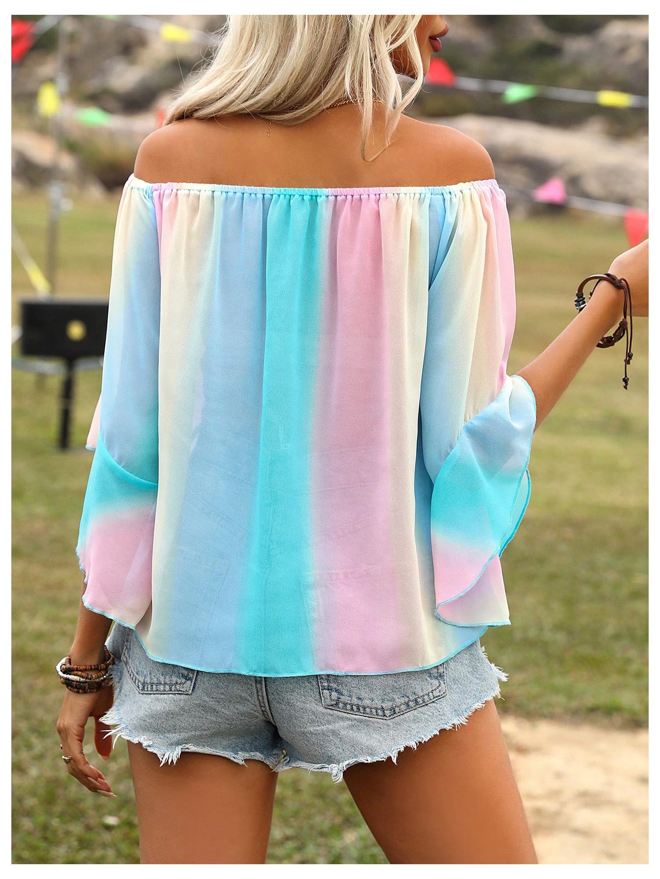 Floerns Camicetta estiva da donna Boho con spalle scoperte a 3/4 manica a campana
