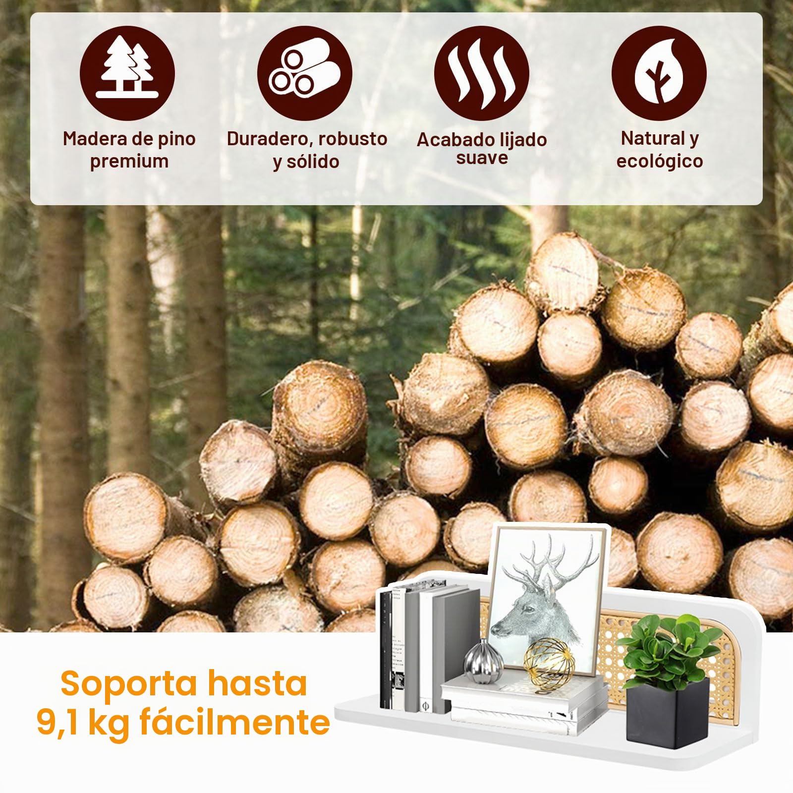 2 Piezas Estante de Pared Blanco Boho, Estante de Ratán, Estanteria Blanca Baldas Flotante Pared de 40cm, Decoración Rústica Moderna de Madera para Salon, Cocina, Habitación Infantil y Dormitorio