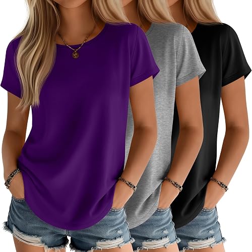 Huukeay 3 Pack Women's Short Sleeve Shirts Loose Fit Summer Tunic Tops Knitted R