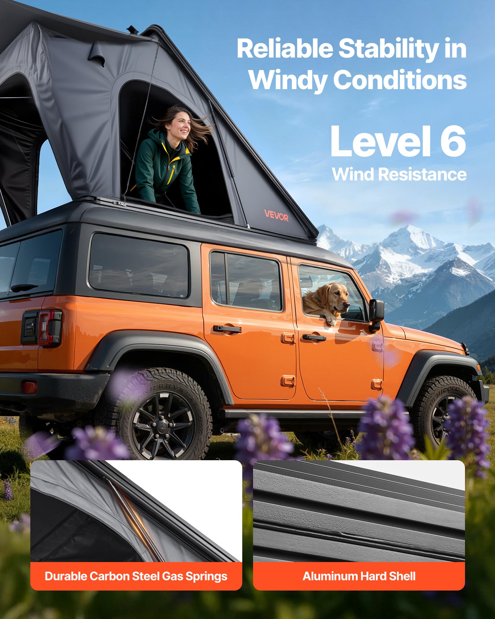 VEVOR Tienda de Techo Rígida para 2-3 Personas, Tienda de Campaña para Techo de Coche con Luz LED, Colchón Grueso y Una Ventana, Impermeable y Resistente al Viento, para Jeep, SUV, Camionetas