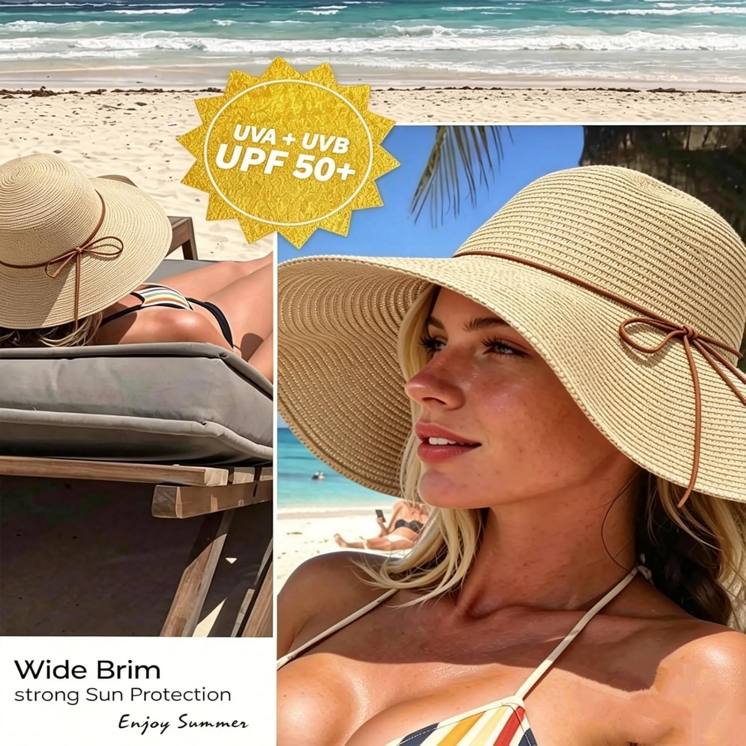 Womens Beach Sun Straw Hat Oversize Wide Brim Beach Roll up Hats Floppy Foldable Summer Hat Vacation UPF 50+