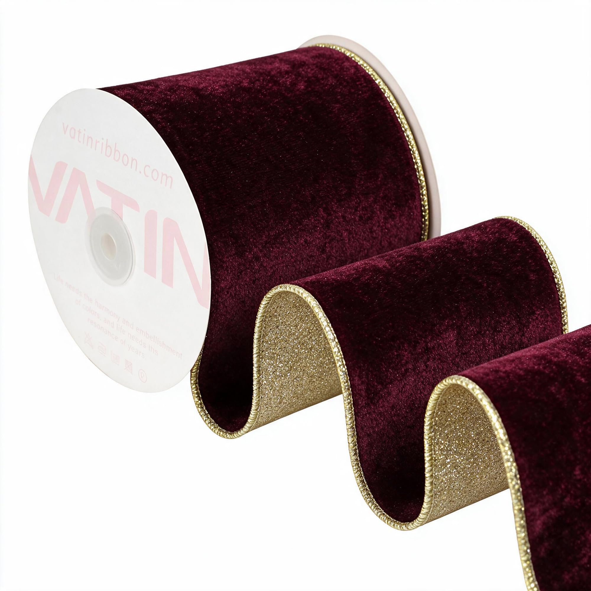 VATIN Burgundy Wired Velvet Ribbon, 102 MM x 9 M, Luxury Christmas Ribbon