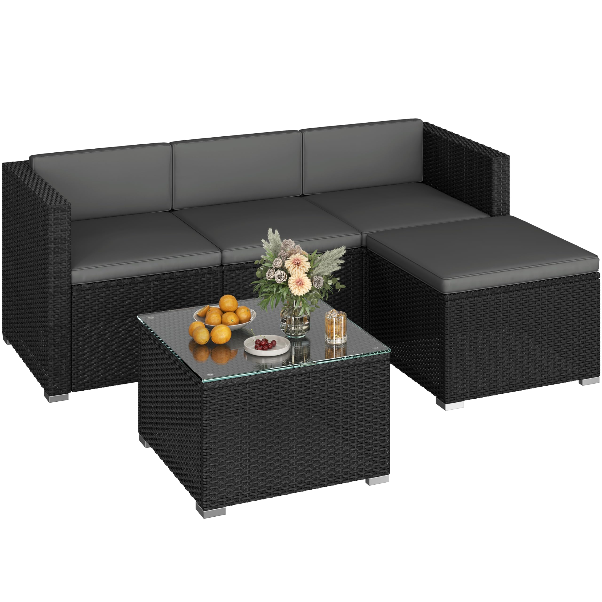 Abician 5 Pièces Salon de Jardin Exterieur en Polyrotin, 4 Personnes Ensemble Mobilier avec 3 Canapés Modulables, 1 Table Basse en Verre Trempé et 1 Ottomane pour Bistro Patio Terrasse Noir/Gris
