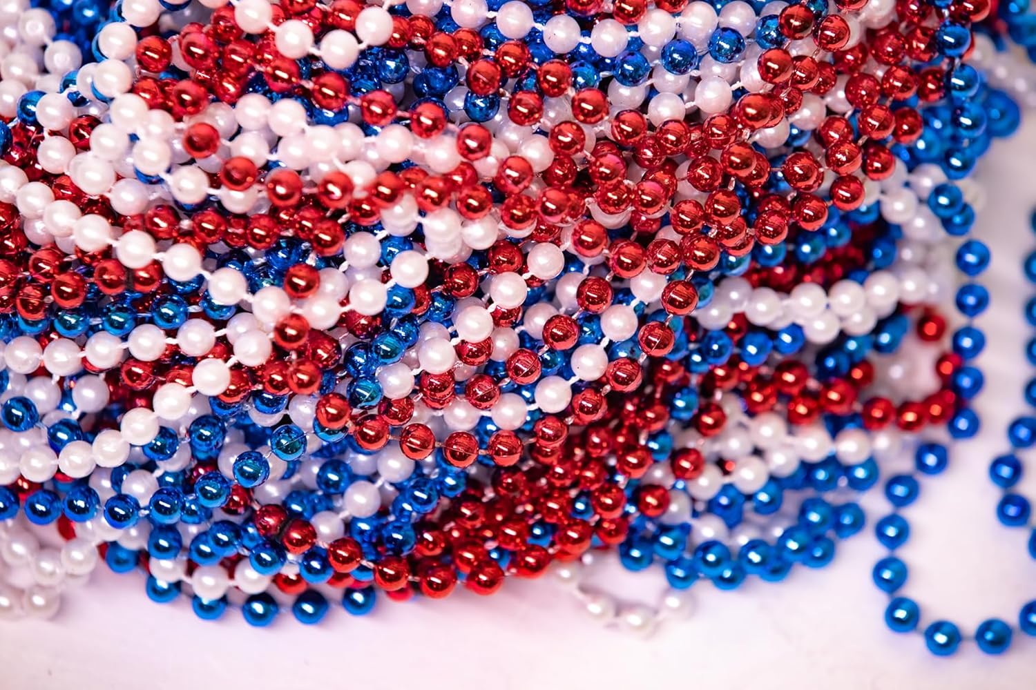 THE MARDI GRAS KREWE - Patriotic Red, White, Blue Mardi Gras Beads Necklace Set 72 Necklaces and Mask with Feathers Set of 6