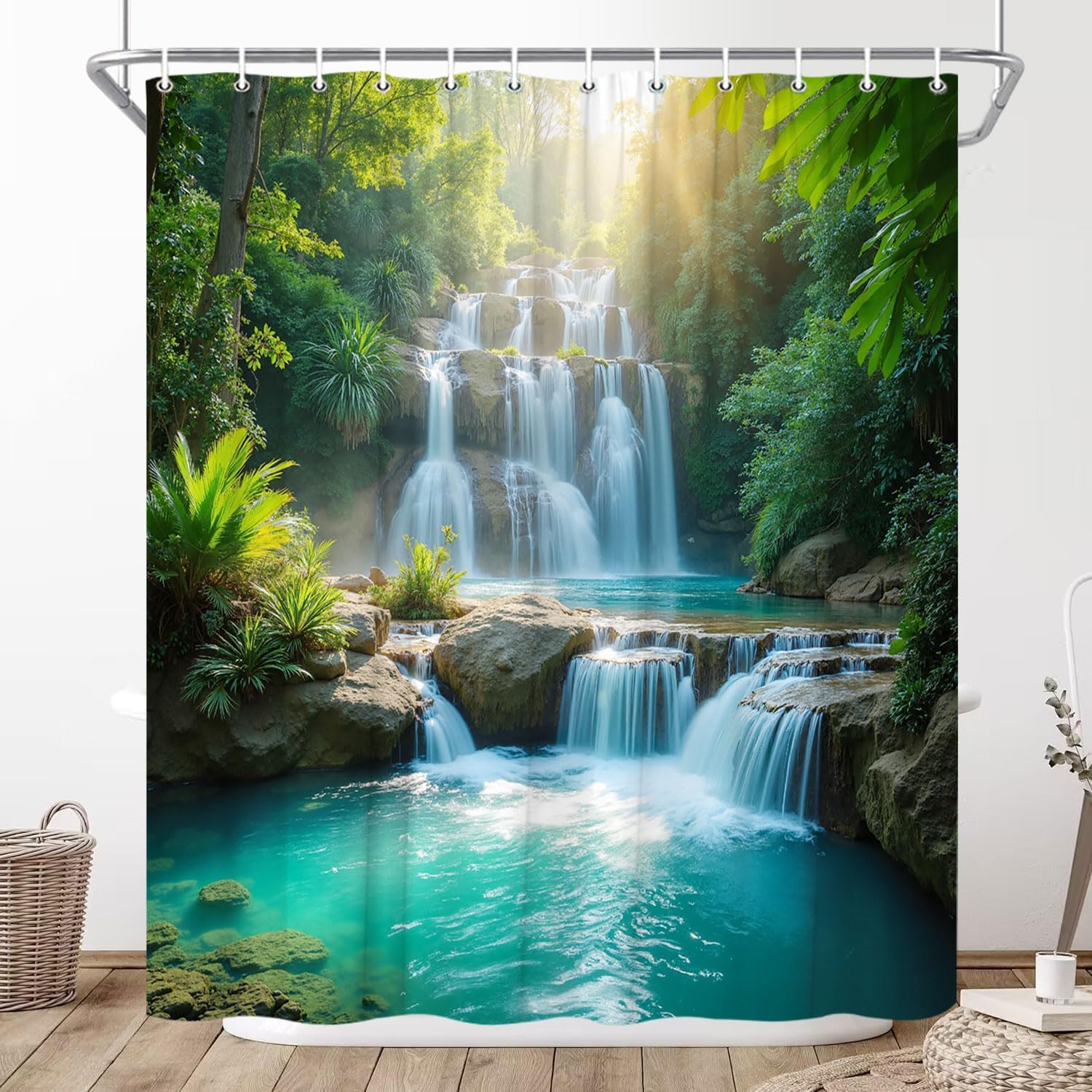 Waterfall Shower Curtain Garden Natural Scenery Green Cool Forest Tree Rustic Summer Spring Plants Leaves Landscape Bathroom Decor Curtains 94x70 inch with Hook