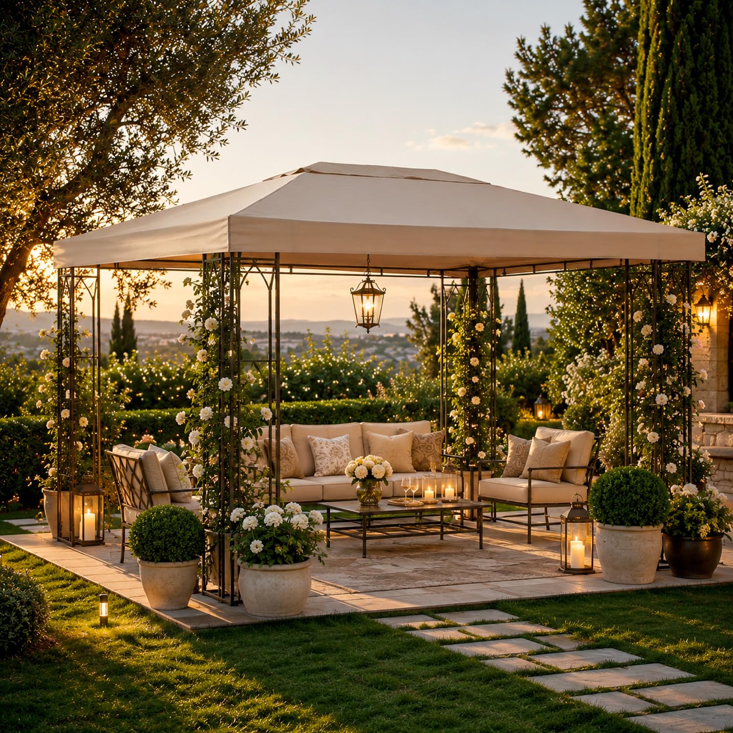 Telo Ricambio Impermeabile Per Gazebo 3x4 Metri In Poliestere PVC Con Protezione UV Velcro Rinforzato Giardino Terrazza Veranda Outdoor 300 X 400 Cm Beige