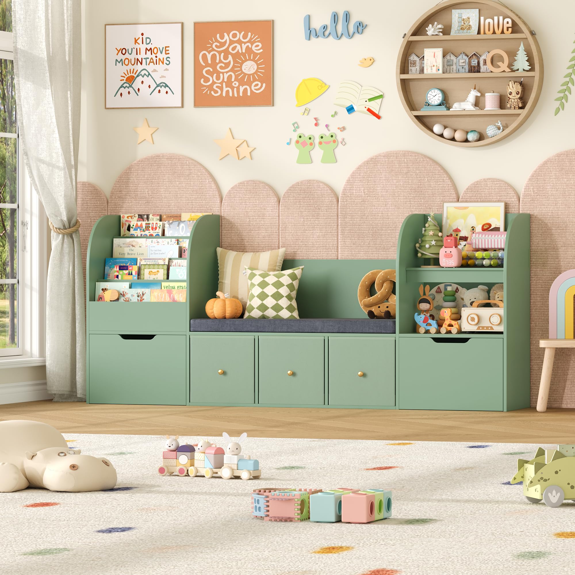 FOREHILL Meuble Rangement Enfant 180cm Bibliothèque Enfant avec Banc Vert