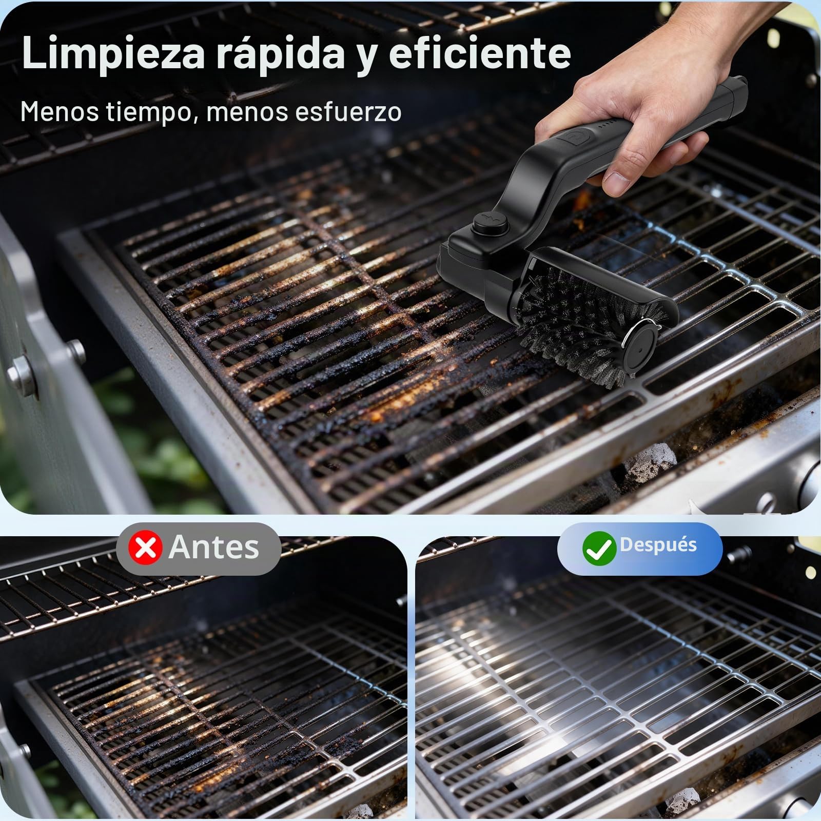 Cepillo Eléctrico para Barbacoa, Cabezal Giratorio de Acero Inoxidable, ángulo Ajustable 180°, Limpieza de 3 Velocidades, 90 Minutos de Autonomía, Limpiador para Barbacoas al Aire Libre