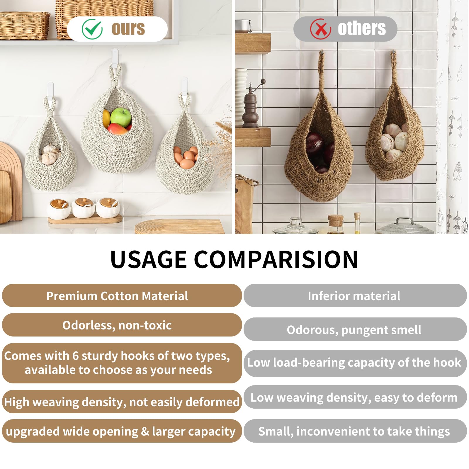 Cestini per frutta da appendere alla parete in stile boho, per cucina, confezione da 3 pezzi, con 6 ganci resistenti, cestino da appendere per verdure per organizzare a forma di goccia, per conservare