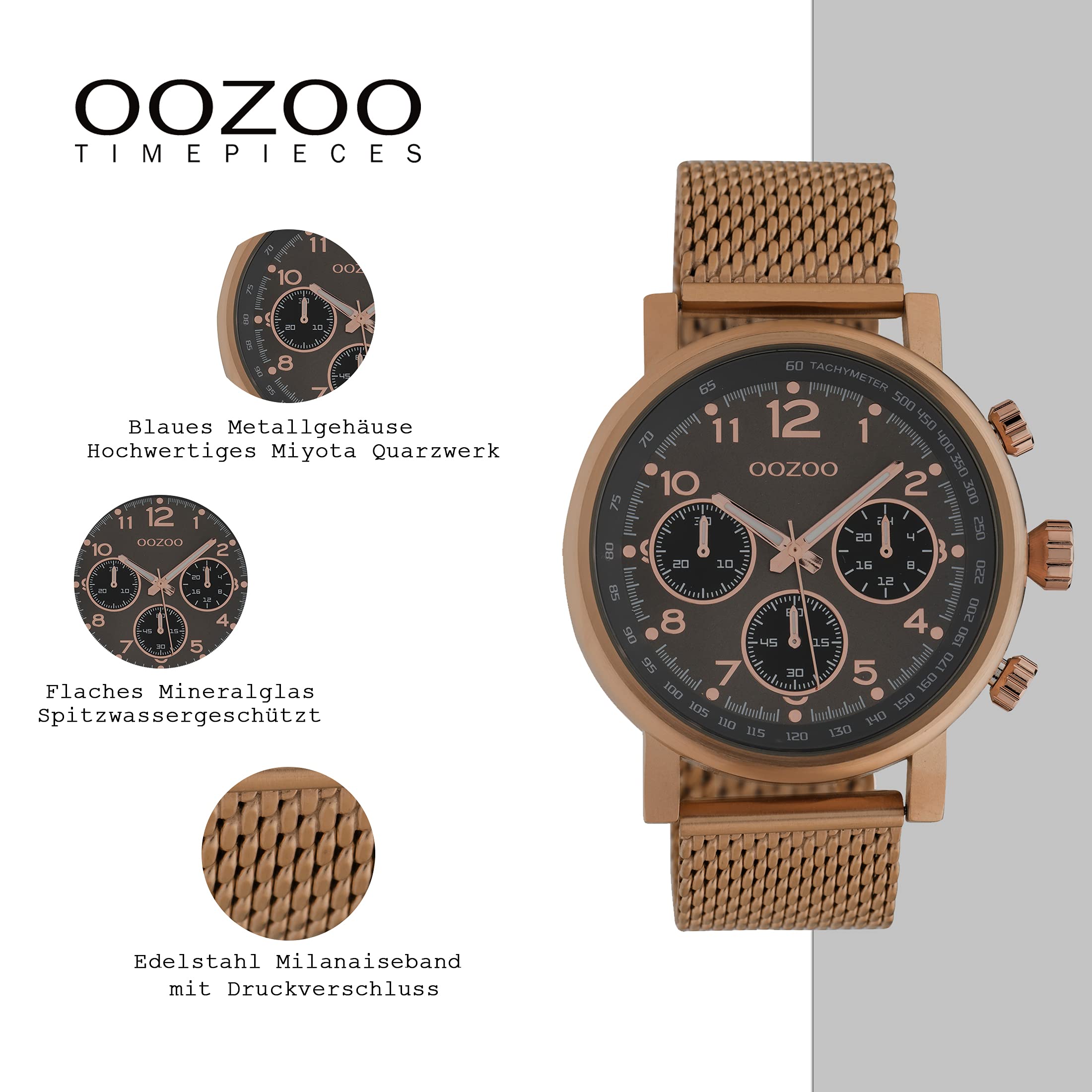 Oozoo Orologio da uomo Chrono Look con cinturino in maglia milanese, 45 mm, marrone / nero, groß, Bracciale
