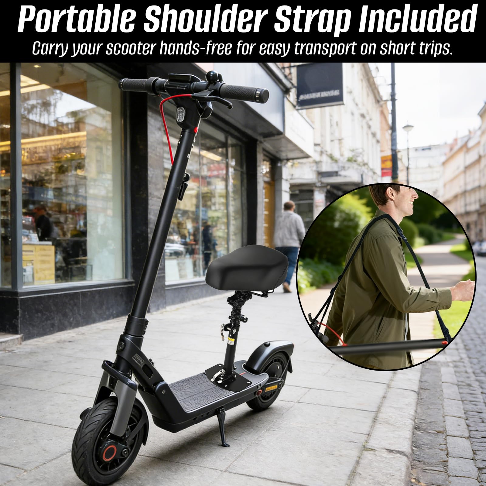 Siège de trottinette électrique, hauteur réglable de 40 à 55 cm, avec coussin d'assise absorbant les chocs et bandoulière portable