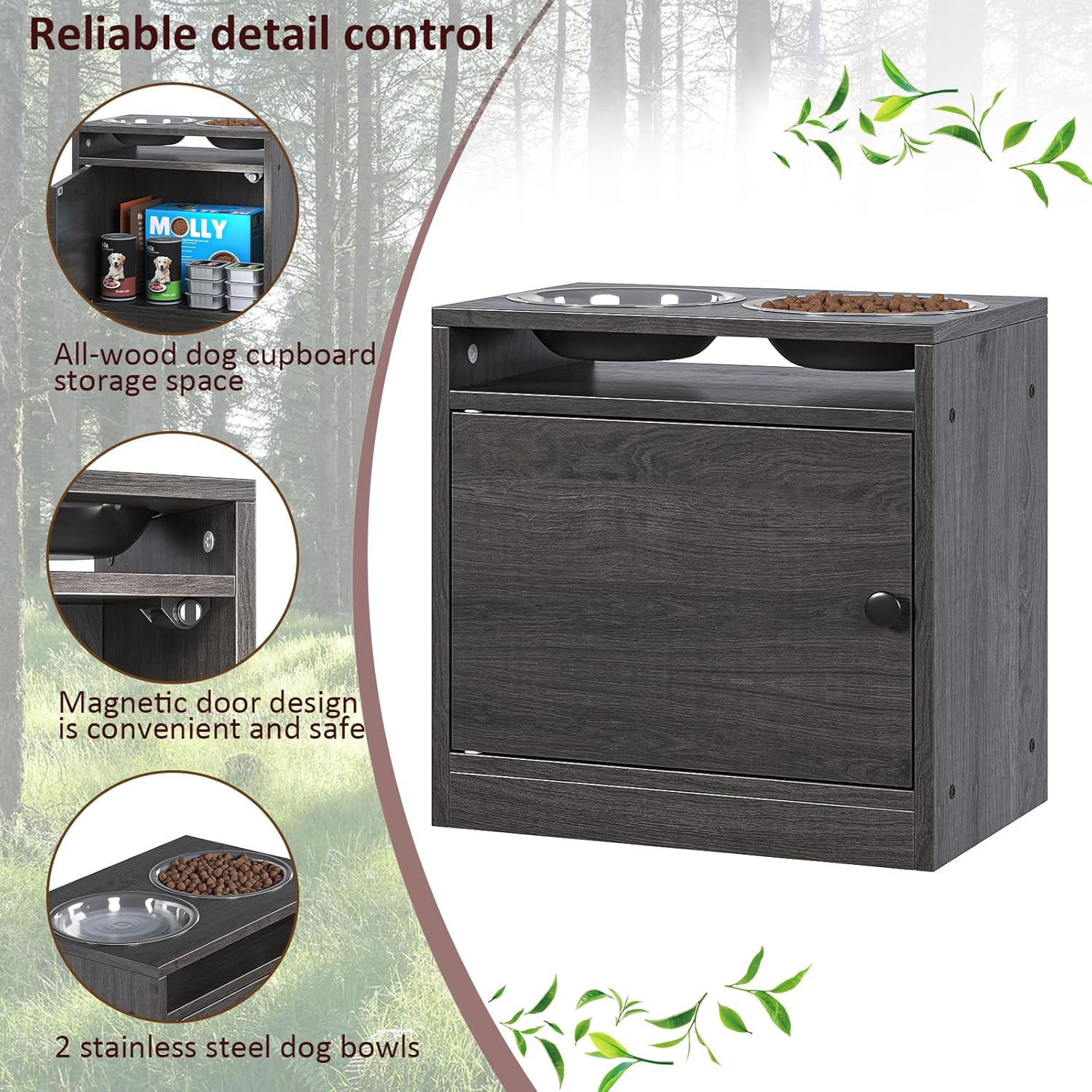 Wooden Dog Feeder Station with Storage - Elevated Dog Bowls, 2 Stainless Steel Food Bowls (Gray)