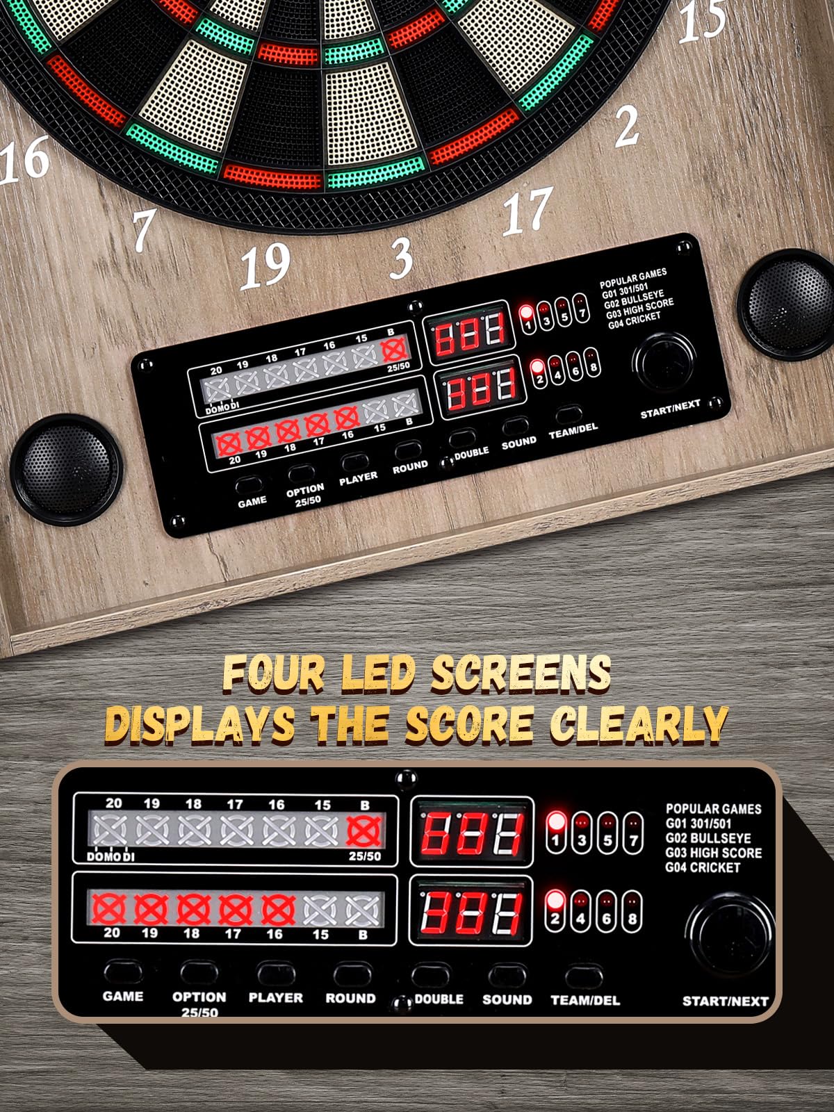 Dartscheibe Elektronisch, Dekoratives Elektronische Dartscheibe Schrank-Set [12 Bronze Soft-Tip Pfeile][Cricket-Spielmodus] - Profi E Dart Scheibe mit Holzschranktüren
