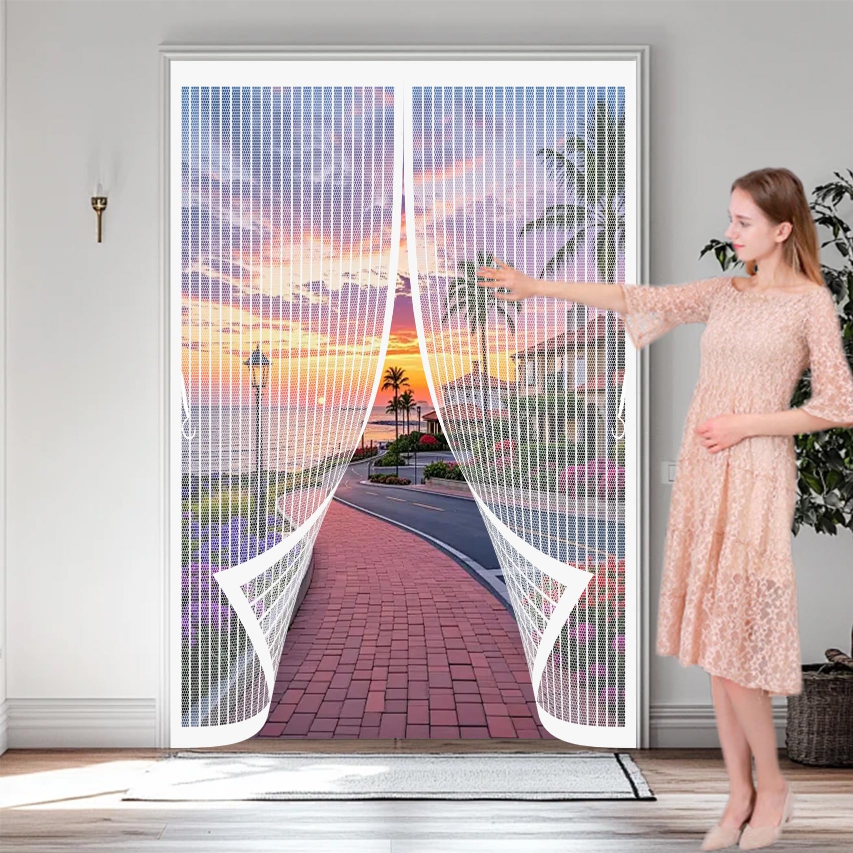 Magnetic Screen Door 116 x 210 cm with Powerful Magnets & Full Frame Magic Tape No Gap, Lets Fresh Air in, Keep Bugs Out Fly Curtains for Doors for Patio Doors Balcony, White