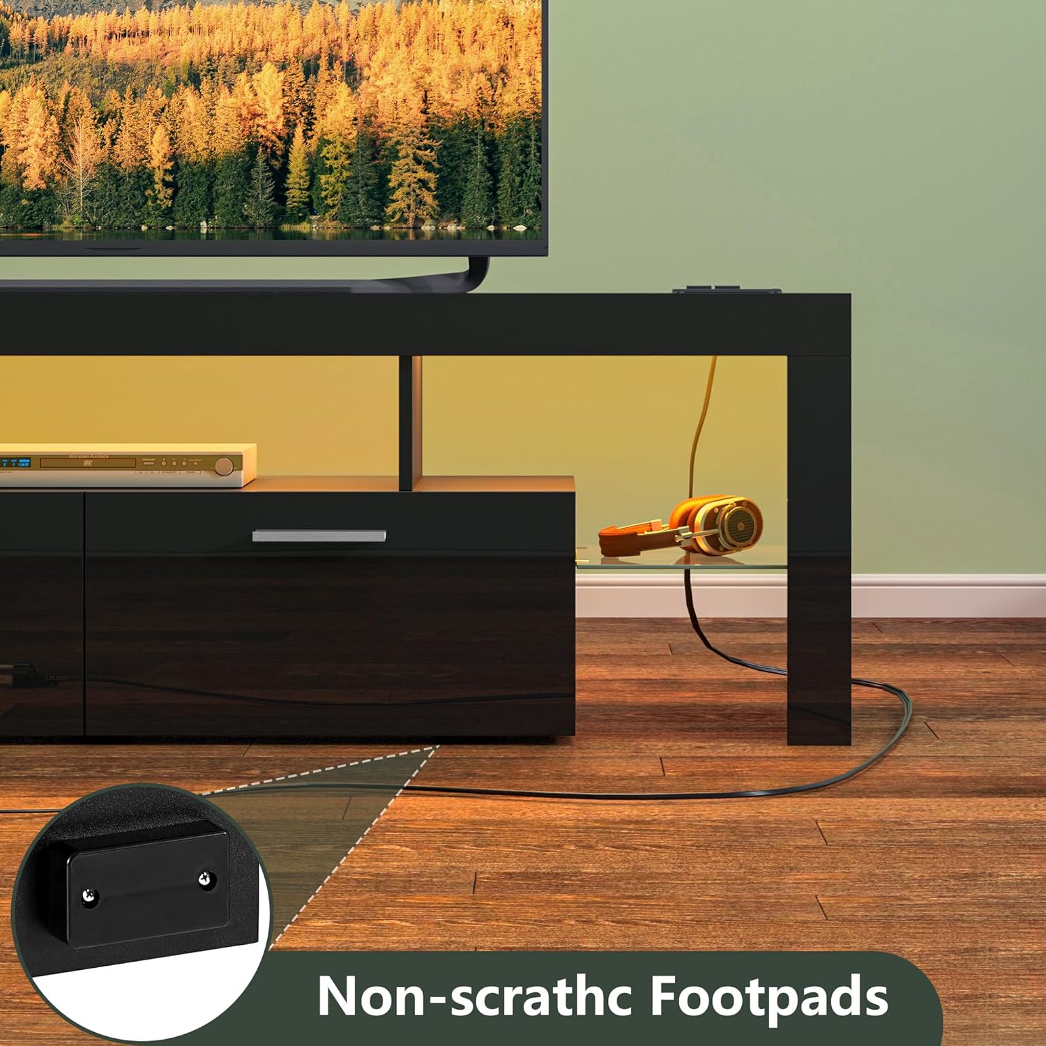 Clikuutory Modern Lighting - Soporte de TV de 63 pulgadas con cajón de almacenamiento grande para televisores de 50, 55, 60, 65, 70, 75 pulgadas, consola de TV con luces LED