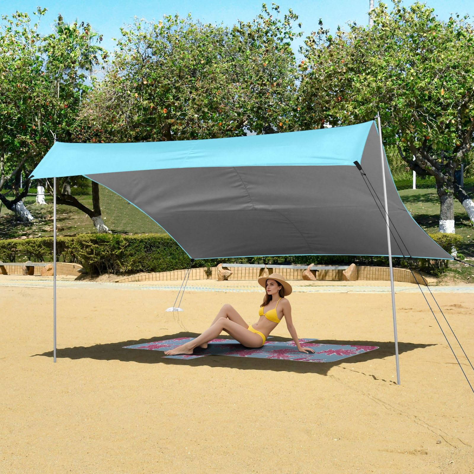 Tenda da spiaggia leggera UPF50 con design blu, include pala per sabbia, sacchi di sabbia, pali di stabilità per viaggi in famiglia, picnic e accessori da campeggio per Playa