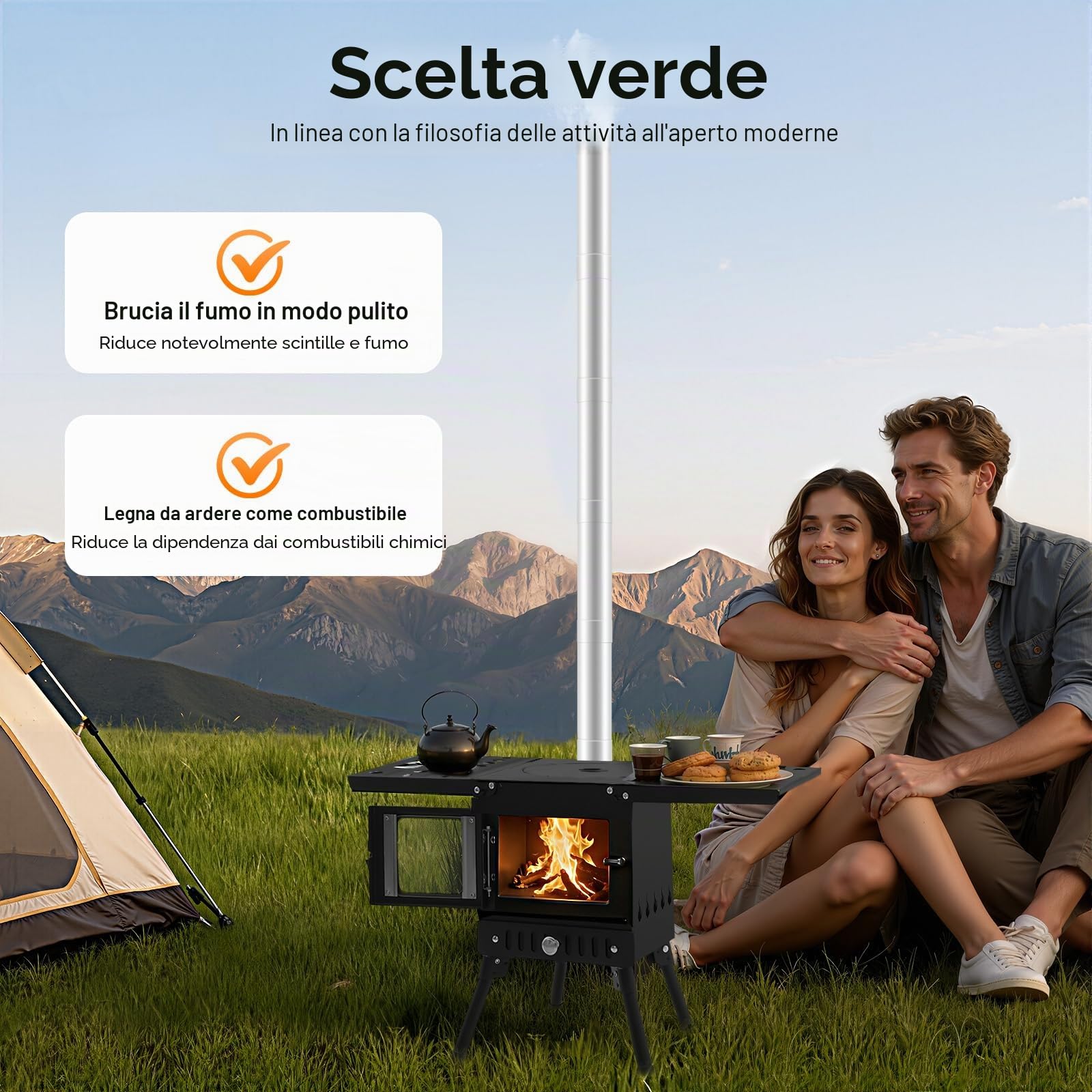 Stufa a legna, stufa a legna portatile per tende, fornello da campeggio con gambe pieghevoli e tubi per camino, per esterni, campeggio, cucina