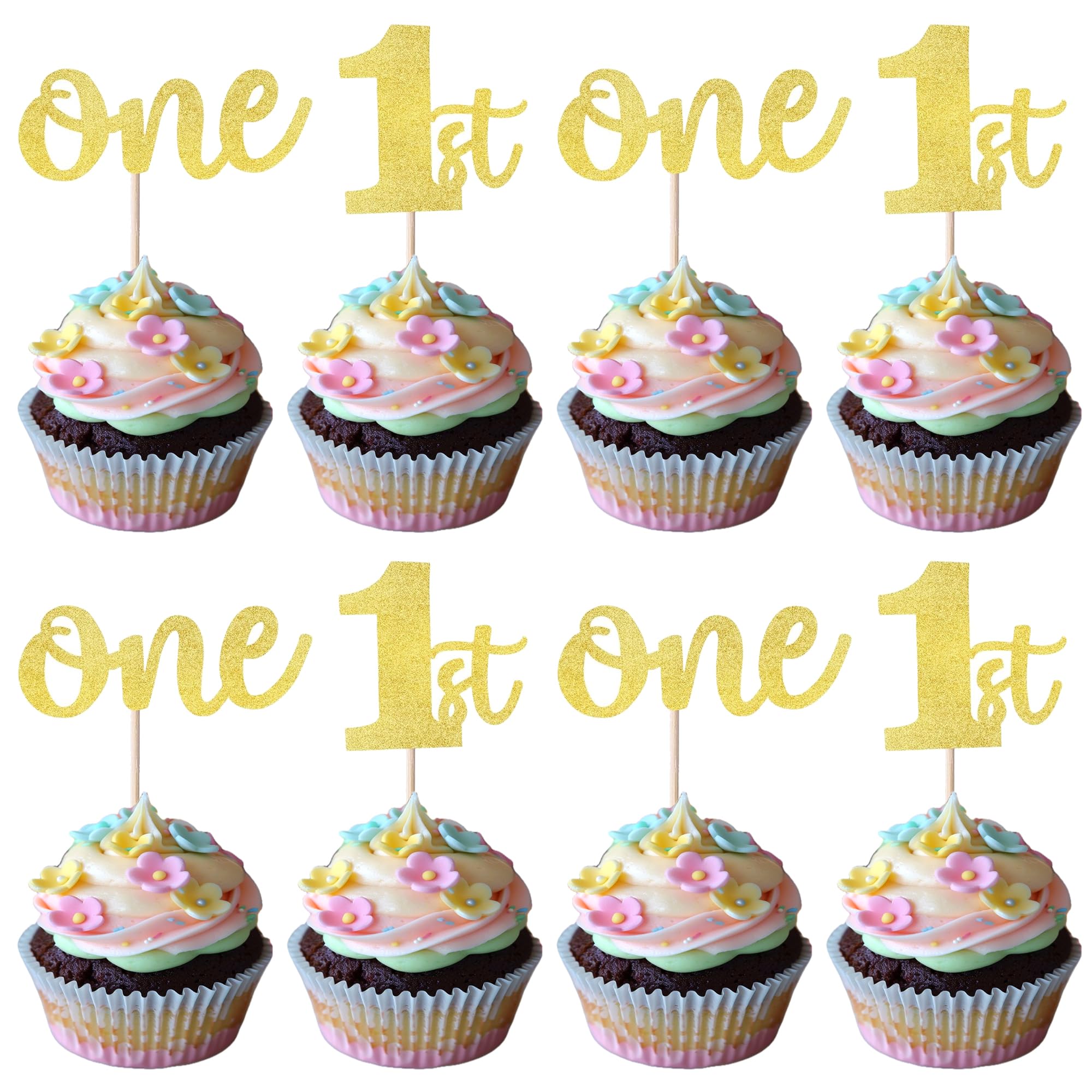 Rsstarxi 24 Pack 1st Birthday Cupcake Toppers Glitter First Birthday One Cupcake Picks for Baby Shower 1st Birthday Party Cake Decorations Supplies