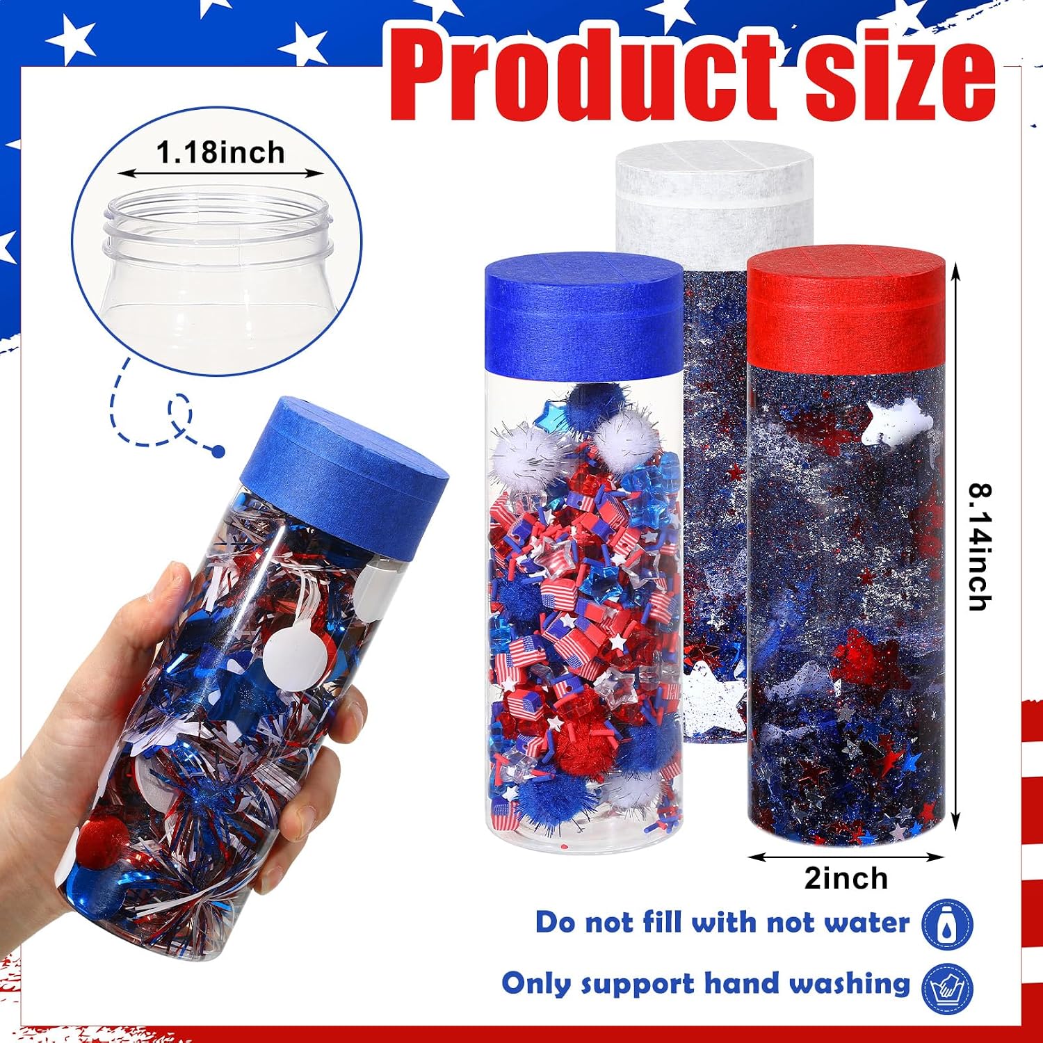 Potchen 12 Pcs 4th of July DIY Crafts Patriotic Sensory Bottles Kit 400 ml Plastic Sensory Bottle Empty with American Flag Clay Particle Sequin for Relieving Disturbed Independence Day Patriotic Craft image 3