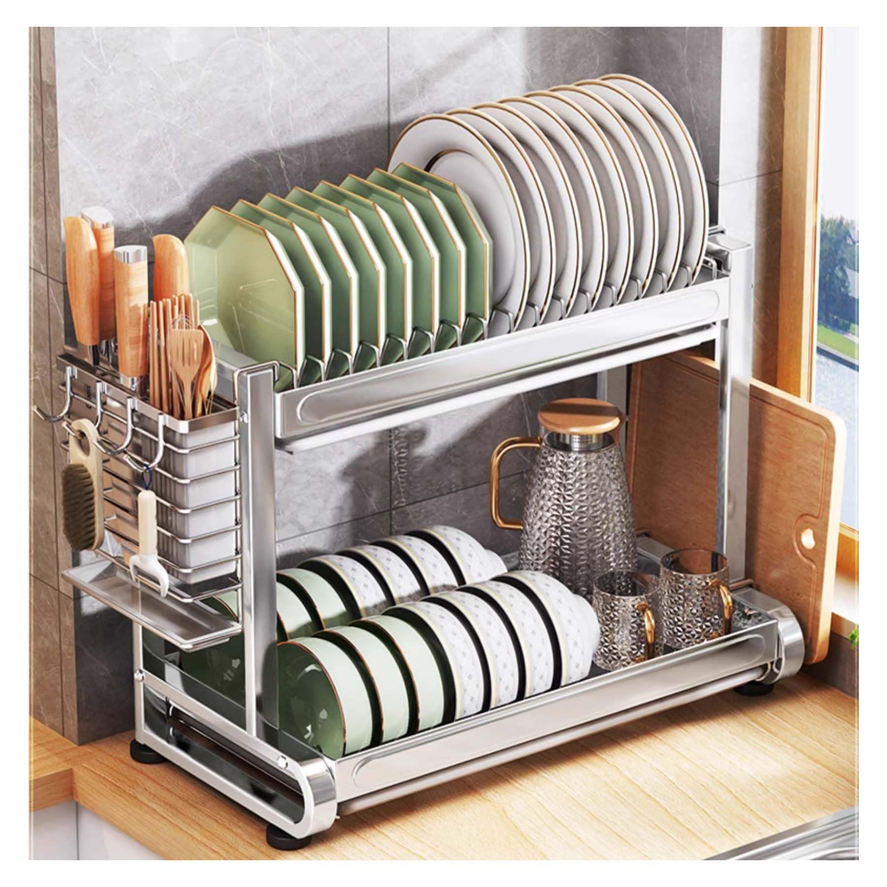 SaryEdge Space-Saving Dish Drying Rack 2 Tier Dish Racks for Kitchen Counter Small Space Kitchen Dish Drainer Rack with Tray Stainless Steel,