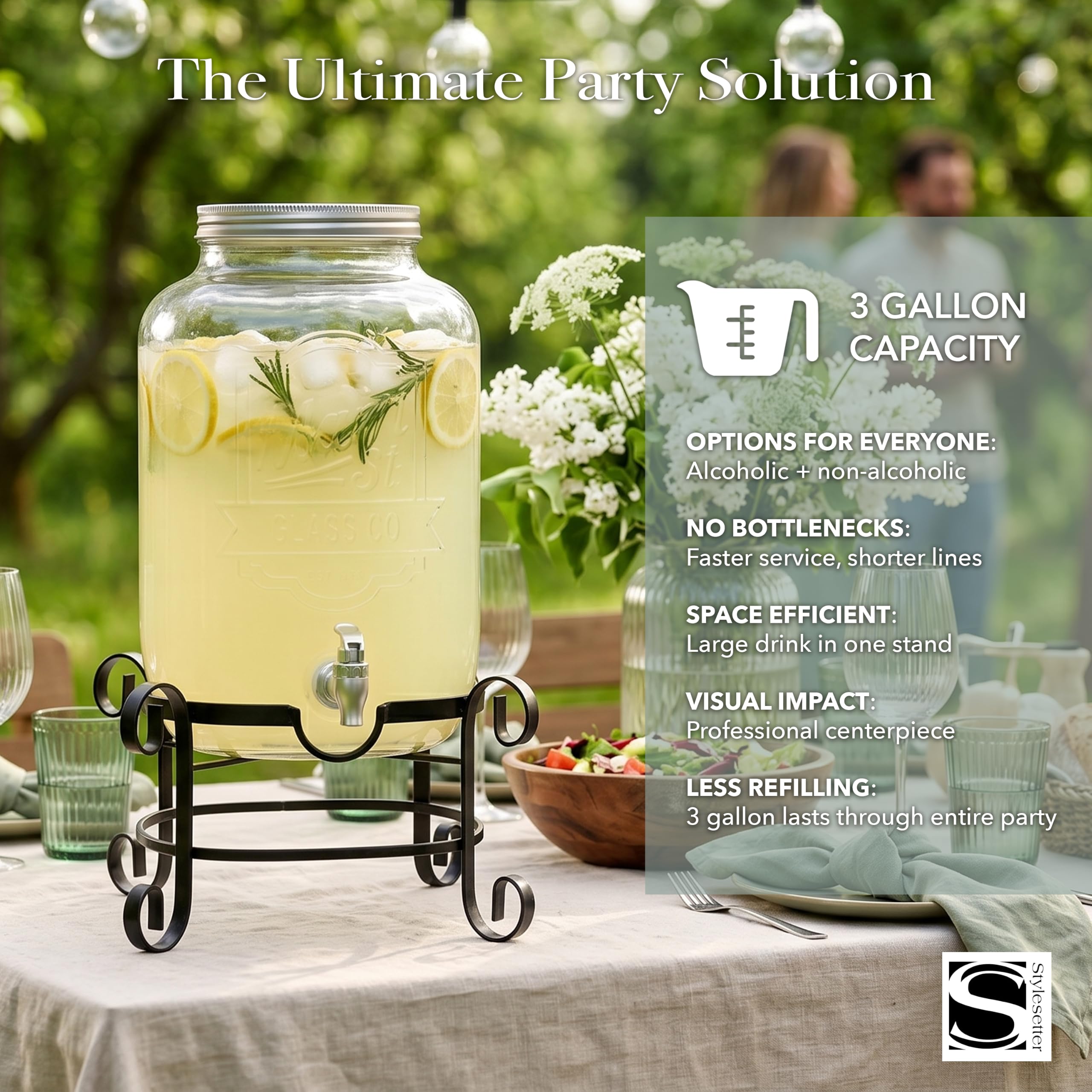 Dispensador de bebidas frías, jarra de cristal, soporte de metal y espiga de acrílico a prueba de fugas, ideal para fiestas, bodas y más