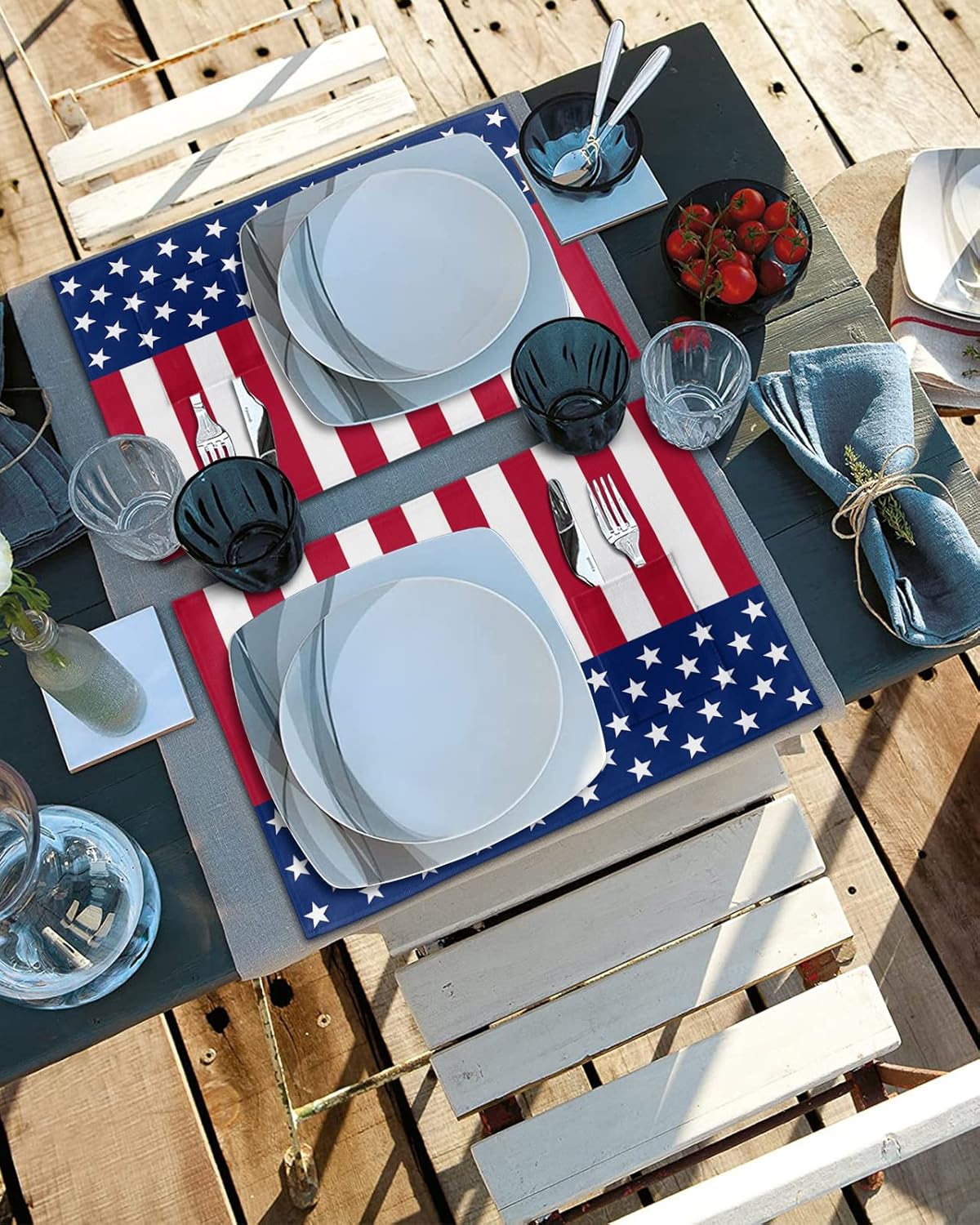 Heat-Resistance Place Mats, Sturdiness Table Mats, Indoor Outdoor Placemat - Easy to Clean American USA Flag Independence Day Blue and Red Placemats with Pocket 13x19 Inch